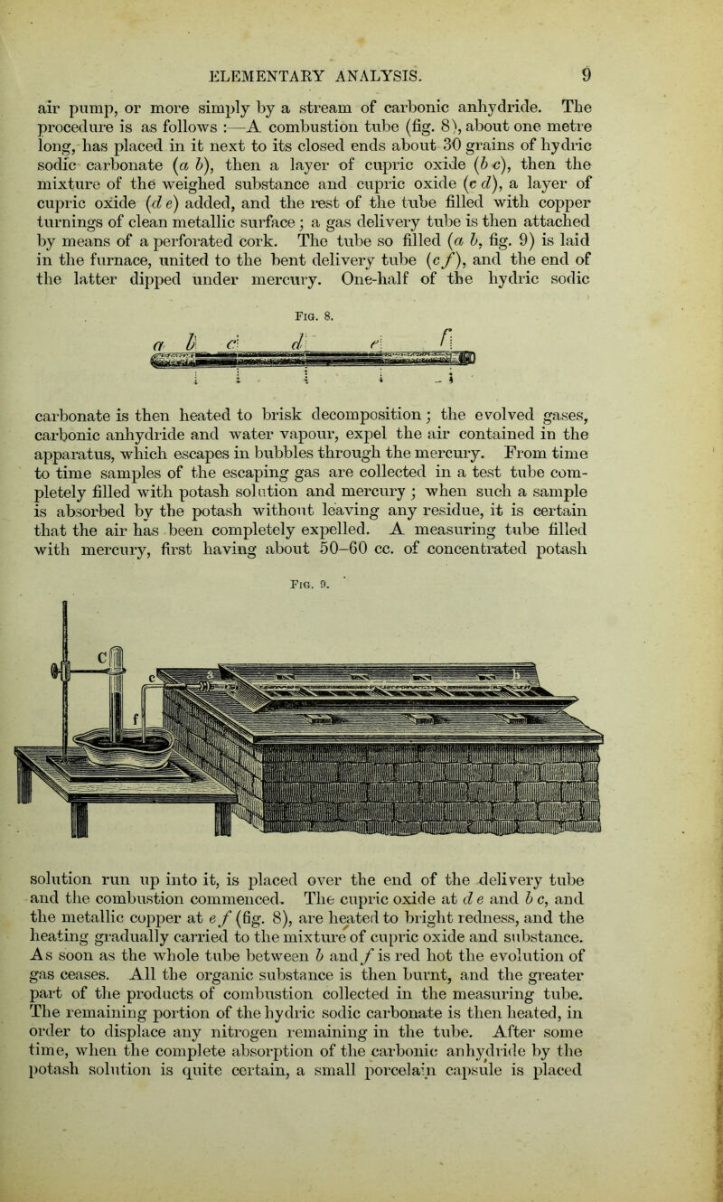 air pump, or more simply by a stream of carbonic anhydride. The procedure is as follows :—A combustion tube (fig. 8), about one metre long, has placed in ifc next to its closed ends about 30 grains of hydric sodic carbonate (a b), then a layer of cupric oxide (be), then the mixture of the weighed substance and cupric oxide (c d), a layer of cupric oxide (d e) added, and the rest of the tube filled with copper turnings of clean metallic surface; a gas delivery tube is then attached by means of a perforated cork. The tube so filled (a b, fig. 9) is laid in the furnace, united to the bent delivery tube (cf), and the end of the latter dipped under mercury. One-half of the hydric sodic Fig. 8. a 1)\ d cl e carbonate is then heated to brisk decomposition; the evolved gases, carbonic anhydride and water vapour, expel the air contained in the apparatus, which escapes in bubbles through the mercury. From time to time samples of the escaping gas are collected in a test tube com- pletely filled with potash solution and mercury ; when such a sample is absorbed by the potash without leaving any residue, it is certain that the air has been completely expelled. A measuring tube filled with mercury, first having about 50-60 cc. of concenbrated potash Fig. 9. solution run up into it, is placed over the end of the delivery tube and the combustion commenced. The cupric oxide at d e and be, and the metallic copper at e f (fig. 8), are heated to bright redness, and the heating gradually carried to the mixture of cupric oxide and substance. A s soon as the whole tube between b and f is red hot the evolution of gas ceases. All the organic substance is then burnt, and the greater part of the products of combustion collected in the measuring tube. The remaining portion of the hydric sodic carbonate is then heated, in order to displace any nitrogen remaining in the tube. After some time, when the complete absorption of the carbonic anhydride by the potash solution is quite certain, a small porcelain capsule is placed