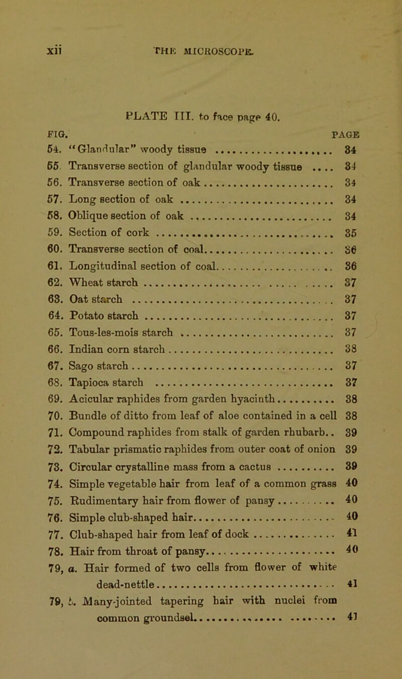 PLATE III. to face page 40. FIG. PAGE 54. “Glandular” woody tissue 34 65 Transverse section of glandular woody tissue .... 34 56. Transverse section of oak 34 57. Long section of oak 34 58. Oblique section of oak 34 59. Section of cork 35 60. Transverse section of coal 36 61. Longitudinal section of coal 86 62. Wheat starch 37 63. Oat starch 37 64. Potato starch 37 65. Tous-les-mois starch 37 66. Indian com starch 38 67. Sago starch 37 68. Tapioca starch 37 69. Acicular raphides from garden hyacinth 38 70. Bundle of ditto from leaf of aloe contained in a cell 38 71. Compound raphides from stalk of garden rhubarb.. 39 72. Tabular prismatic raphides from outer coat of onion 39 73. Circular crystalline mass from a cactus 39 74. Simple vegetable hair from leaf of a common grass 40 75. Rudimentary hair from flower of pan3y 40 76. Simple club-shaped hair 40 77. Club-shaped hair from leaf of dock 41 78. Hair from throat of pansy 40 79. a. Hair formed of two cells from flower of white dead-nettle 41 79, L Alany-jointed tapering hair with nuclei from common groundsel 41