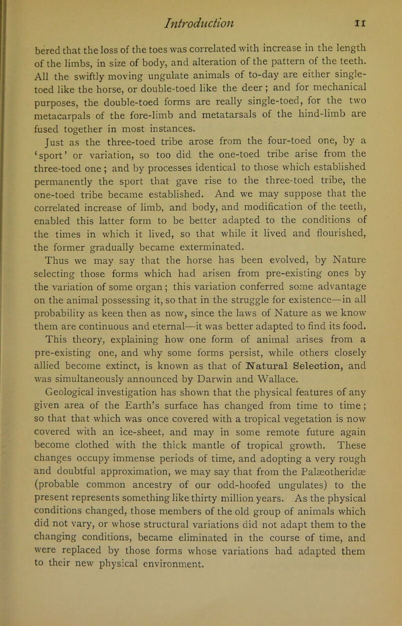 bered that the loss of the toes was correlated with increase in the length of the limbs, in size of body, and alteration of the pattern of the teeth. All the swiftly moving ungulate animals of to-day are either single- toed like the horse, or double-toed like the deer; and for mechanical purposes, the double-toed forms are really single-toed, for the two metacarpals of the fore-limb and metatarsals of the hind-limb are fused together in most instances. Just as the three-toed tribe arose from the four-toed one, by a ‘sport’ or variation, so too did the one-toed tribe arise from the three-toed one ; and by processes identical to those which established permanently the sport that gave rise to the three-toed tribe, the one-toed tribe became established. And we may suppose that the correlated increase of limb, and body, and modification of the teeth, enabled this latter form to be better adapted to the conditions of the times in which it lived, so that while it lived and flourished, the former gradually became exterminated. Thus we may say that the horse has been evolved, by Nature selecting those forms which had arisen from pre-existing ones by the variation of some organ; this variation conferred some advantage on the animal possessing it, so that in the struggle for existence—in all probability as keen then as now, since the laws of Nature as we know them are continuous and eternal—it was better adapted to find its food. This theory, explaining how one form of animal arises from a pre-existing one, and why some forms persist, while others closely allied become extinct, is known as that of Natural Selection, and was simultaneously announced by Darwin and Wallace. Geological investigation has shown that the physical features of any given area of the Earth’s surface has changed from time to time; so that that which was once covered with a tropical vegetation is now covered with an ice-sheet, and may in some remote future again become clothed with the thick mantle of tropical growth. These changes occupy immense periods of time, and adopting a very rough and doubtful approximation, we may say that from the Palaeotheridae (probable common ancestry of our odd-hoofed ungulates) to the present represents something like thirty million years. As the physical conditions changed, those members of the old group of animals which did not vary, or whose structural variations did not adapt them to the changing conditions, became eliminated in the course of time, and were replaced by those forms whose variations had adapted them to their new physical environment.