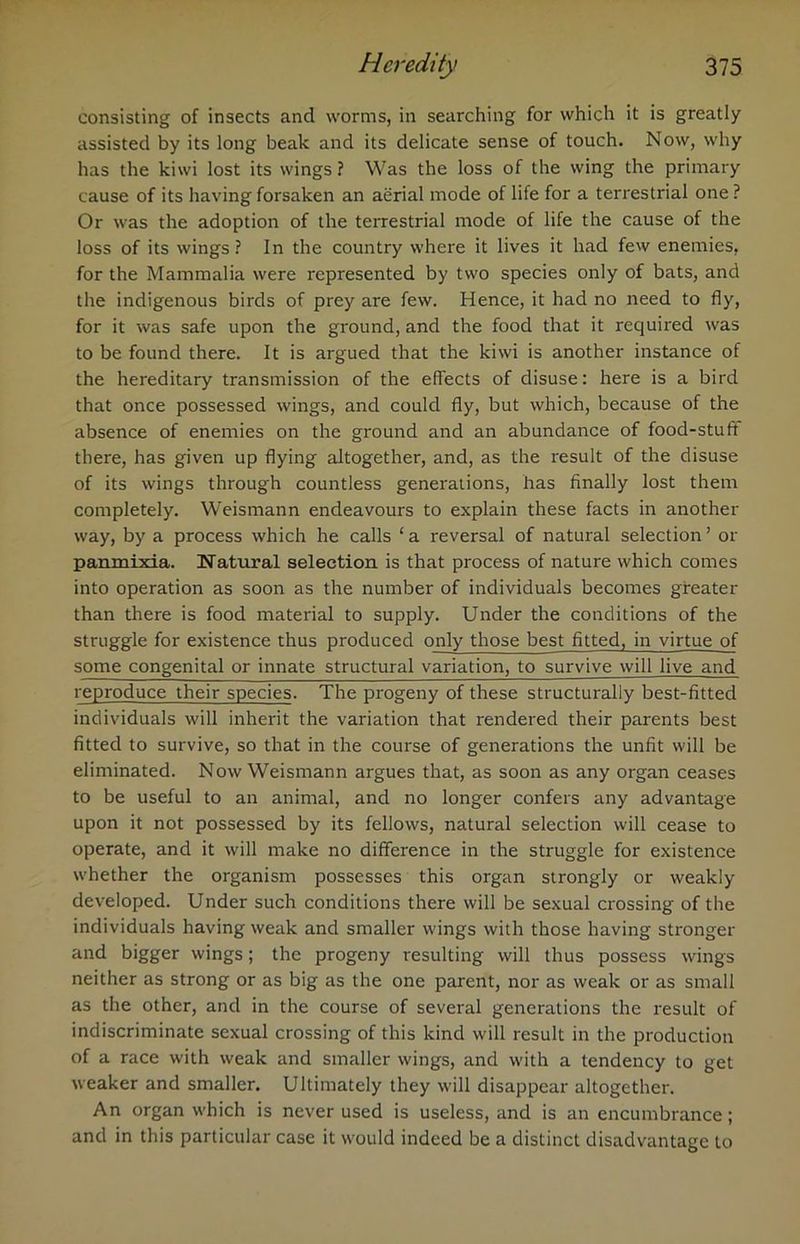 consisting of insects and worms, in searching for which it is greatly assisted by its long beak and its delicate sense of touch. Now, why has the kiwi lost its wings ? Was the loss of the wing the primary cause of its having forsaken an aerial mode of life for a terrestrial one ? Or was the adoption of the terrestrial mode of life the cause of the loss of its wings? In the country where it lives it had few enemies, for the Mammalia were represented by two species only of bats, and the indigenous birds of prey are few. Hence, it had no need to fly, for it was safe upon the ground, and the food that it required was to be found there. It is argued that the kiwi is another instance of the hereditary transmission of the effects of disuse: here is a bird that once possessed wings, and could fly, but which, because of the absence of enemies on the ground and an abundance of food-stuft there, has given up flying altogether, and, as the result of the disuse of its wings through countless generations, has finally lost them completely. Weismann endeavours to explain these facts in another way, by a process which he calls ‘ a reversal of natural selection ’ or panmixia. Natural selection is that process of nature which comes into operation as soon as the number of individuals becomes greater than there is food material to supply. Under the conditions of the struggle for existence thus produced only those best fitted, in virtue of some congenital or innate structural variation, to survive will live and reproduce their species. The progeny of these structurally best-fitted individuals will inherit the variation that rendered their parents best fitted to survive, so that in the course of generations the unfit will be eliminated. Now Weismann argues that, as soon as any organ ceases to be useful to an animal, and no longer confers any advantage upon it not possessed by its fellows, natural selection will cease to operate, and it will make no difference in the struggle for existence whether the organism possesses this organ strongly or weakly developed. Under such conditions there will be sexual crossing of the individuals having weak and smaller wings with those having stronger and bigger wings; the progeny resulting will thus possess wings neither as strong or as big as the one parent, nor as weak or as small as the other, and in the course of several generations the result of indiscriminate sexual crossing of this kind will result in the production of a race with weak and smaller wings, and with a tendency to get weaker and smaller. Ultimately they will disappear altogether. An organ which is never used is useless, and is an encumbrance; and in this particular case it would indeed be a distinct disadvantage to