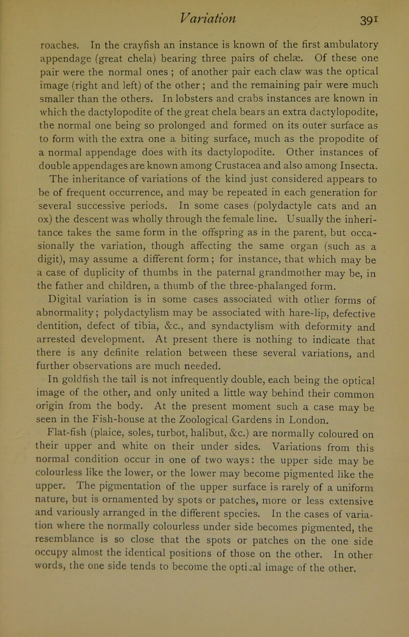 roaches. In the crayfish an instance is known of the first ambulatory appendage (great chela) bearing three pairs of chelae. Of these one pair were the normal ones ; of another pair each claw was the optical image (right and left) of the other; and the remaining pair were much smaller than the others. In lobsters and crabs instances are known in which the dactylopodite of the great chela bears an extra dactylopodite, the normal one being so prolonged and formed on its outer surface as to form with the extra one a biting surface, much as the propodite of a normal appendage does with its dactylopodite. Other instances of double appendages are known among Crustacea and also among Insecta. The inheritance of variations of the kind just considered appears to be of frequent occurrence, and may be repeated in each generation for several successive periods. In some cases (polydactyle cats and an ox) the descent was wholly through the female line. Usually the inheri- tance takes the same form in the offspring as in the parent, but occa- sionally the variation, though affecting the same organ (such as a digit), may assume a different form; for instance, that which may be a case of duplicity of thumbs in the paternal grandmother may be, in the father and children, a thumb of the three-phalanged form. Digital variation is in some cases associated with other forms of abnormality; polydactylism may be associated with hare-lip, defective dentition, defect of tibia, &c., and syndactylism with deformity and arrested development. At present there is nothing to indicate that there is any definite relation between these several variations, and further observations are much needed. In goldfish the tail is not infrequently double, each being the optical image of the other, and only united a little way behind their common origin from the body. At the present moment such a case may be seen in the Fish-house at the Zoological Gardens in London. Flat-fish (plaice, soles, turbot, halibut, &c.) are normally coloured on their upper and white on their under sides. Variations from this normal condition occur in one of two ways: the upper side may be colourless like the lower, or the lower may become pigmented like the upper. The pigmentation of the upper surface is rarely of a uniform nature, but is ornamented by spots or patches, more or less extensive and variously arranged in the different species. In the cases of varia- tion where the normally colourless under side becomes pigmented, the resemblance is so close that the spots or patches on the one side occupy almost the identical positions of those on the other. In other words, the one side tends to become the optical image of the other.
