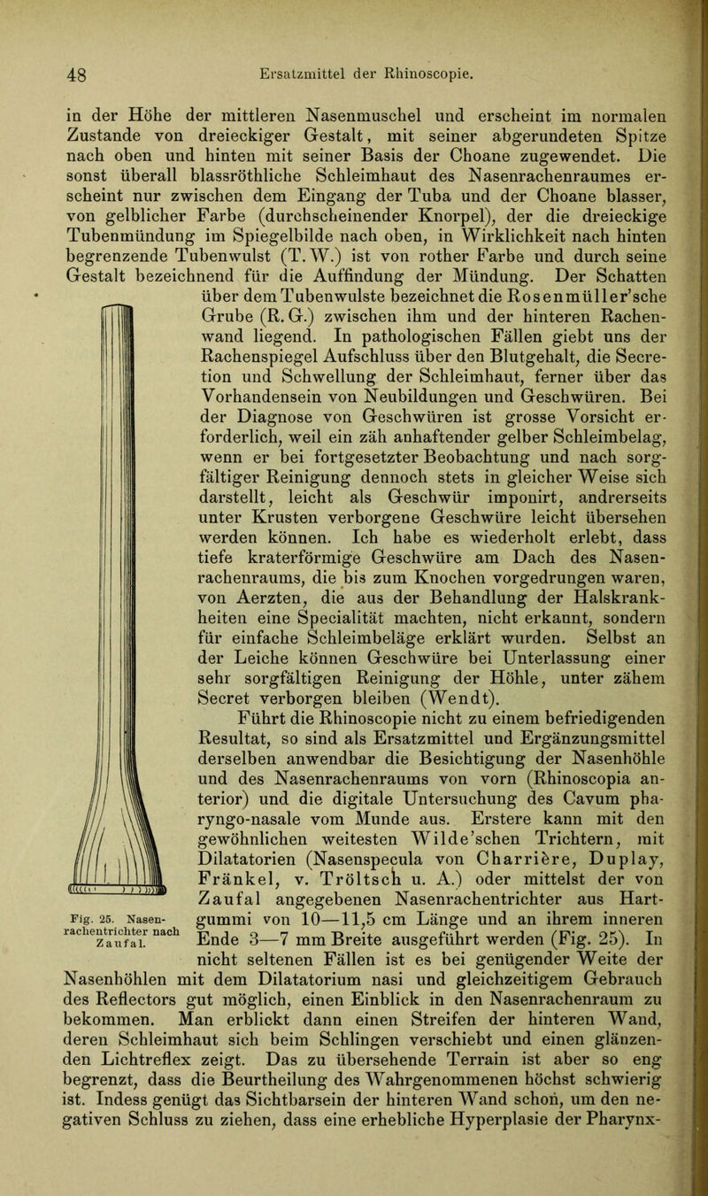 in der Höhe der mittleren Nasenmuschel und erscheint im normalen Zustande von dreieckiger Gestalt, mit seiner abgerundeten Spitze nach oben und hinten mit seiner Basis der Choane zugewendet. Die sonst überall blassröthliche Schleimhaut des Nasenrachenraumes er- scheint nur zwischen dem Eingang der Tuba und der Choane blasser, von gelblicher Farbe (durchscheinender Knorpel), der die dreieckige Tubenmündung im Spiegelbilde nach oben, in Wirklichkeit nach hinten begrenzende Tubenwulst (T.W.) ist von rother Farbe und durch seine Gestalt bezeichnend für die Auffindung der Mündung. Der Schatten über dem Tubenwulste bezeichnet die Rosenmüller’sche Grube (R. G.) zwischen ihm und der hinteren Rachen- wand liegend. In pathologischen Fällen giebt uns der Rachenspiegel Aufschluss über den Blutgehalt, die Secre- tion und Schwellung der Schleimhaut, ferner über das Vorhandensein von Neubildungen und Geschwüren. Bei der Diagnose von Geschwüren ist grosse Vorsicht er- forderlich, weil ein zäh anhaftender gelber Schleimbelag, wenn er bei fortgesetzter Beobachtung und nach sorg- fältiger Reinigung dennoch stets in gleicher Weise sich darstellt, leicht als Geschwür imponirt, andrerseits unter Krusten verborgene Geschwüre leicht übersehen werden können. Ich habe es wiederholt erlebt, dass tiefe kraterförmige Geschwüre am Dach des Nasen- rachenraums, die bis zum Knochen vorgedrungen waren, von Aerzten, die aus der Behandlung der Halskrank- heiten eine Specialität machten, nicht erkannt, sondern für einfache Schleimbeläge erklärt wurden. Selbst an der Leiche können Geschwüre bei Unterlassung einer sehr sorgfältigen Reinigung der Höhle, unter zähem Secret verborgen bleiben (Wendt). Führt die Rhinoscopie nicht zu einem befriedigenden Resultat, so sind als Ersatzmittel und Ergänzungsmittel derselben anwendbar die Besichtigung der Nasenhöhle und des Nasenrachenraums von vorn (Rhinoscopia an- terior) und die digitale Untersuchung des Cavum pha- ryngo-nasale vom Munde aus. Erstere kann mit den gewöhnlichen weitesten Wilde’schen Trichtern, mit Dilatatorien (Nasenspecula von C harr ihre, Duplay, Fränkel, v. Tröltsch u. A.) oder mittelst der von Zaufal angegebenen Nasenrachentrichter aus Hart- gummi von 10—11,5 cm Länge und an ihrem inneren Ende 3—7 mm Breite ausgeführt werden (Fig. 25). In nicht seltenen Fällen ist es bei genügender Weite der Nasenhöhlen mit dem Dilatatorium nasi und gleichzeitigem Gebrauch des Reflectors gut möglich, einen Einblick in den Nasenrachenraum zu bekommen. Man erblickt dann einen Streifen der hinteren Wand, deren Schleimhaut sich beim Schlingen verschiebt und einen glänzen- den Lichtreflex zeigt. Das zu übersehende Terrain ist aber so eng begrenzt, dass die Beurtheilung des Wahrgenommenen höchst schwierig ist. Indess genügt das Sichtbarsein der hinteren Wand schon, um den ne- gativen Schluss zu ziehen, dass eine erhebliche Hyperplasie der Pharynx- Fig. 25. Nasen- rachentrichter nach Zaufal.