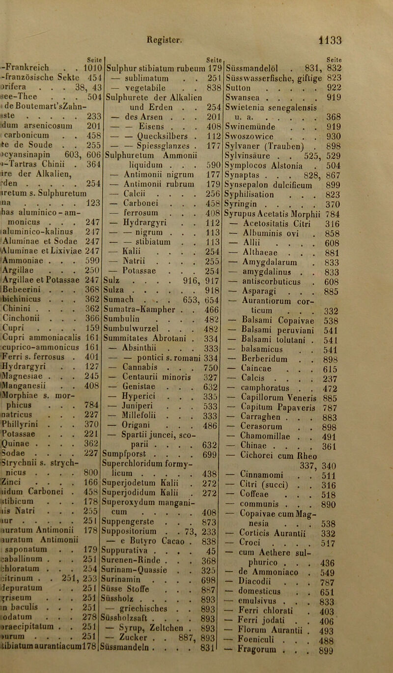 Seite -Frankreich . . 10 JO -französische Sekte 45 orifera . . . 38, 43 tfee-Thee . . . 504 de Boutemart’sZahn- ■iste 233 dum arsenicosum 201 carbonicum . . 458 te de Soude . . 255 Jcyansinapin 603, 606 *>-Tartras Chinii . 364 ire der Alkalien, ■den 254 iretum s. Sulphuretum na 123 has aluminico - ara- monicus . . . 247 aluminico-kalinus 217 Aluminae et Sodae 247 Aluminae etLixiviae 247 Ammoniae . . . 590 Argillae . . . 250 Argillae et Potassae 247 Bebeerini . . . 368 bichinicus . . . 362 Chinini .... 362 Cinchonii . . . 366 Cupri .... 159 Cupri ammoniacalis 161 cuprico-ammonicus 161 Ferri s. ferrosus . 401 Hydrargyri . . 127 'Magnesiae . . . 245 Wanganesii . . 408 'Morphiae s. mor- phicus . . . 784 natricus . . . 227 Phillyrini . . . 370 Potassae . . . 221 Quinae .... 362 Sodae .... 227 Strychnii s. strych- nicus .... 800 Zinci .... 166 tidum Carbonei . 458 stibicum . . . 178 tis Natri . . . 255 tur 251 auratum Antimonii 178 auratum Antimonii saponatum . . 179 oaballinum . . . 251 ;hloratum . . . 254 jitrinum . . 251, 253 Idepuratum . .251 rriseum . . . 251 nn baculis . . . 251 odatum . . . 278 araecipitatum . . 251 »urum .... 251 tibiatumaurantiacuml78 Seite Sulphur stibiatum rubeum 179 — subliinatum . . 25 — vegetabile . . 838 Sulphurete der Alkalien und Erden . . 25' — des Arsen ... 20 — — Eisens . . . 408 — — Quecksilbers . 112 — — Spiessglanzes . 177 Sulphuretum Ammonii liquidum . . . 590 — Antimonii nigrum 177 — Antimonii rubrum 179 — Calcii .... 256 — Carbonei . . . 458 — ferrosum . . . 408 — Hydrargyri . . 112 — — nigrum . . . 113 — — stibiatum . . 113 — Kalii .... 254 — Natrii .... 255 — Potassae . . . 254 Sulz .... 916, 917 Sulza 918 Sumach . . . 653, 654 Sumatra-Kampher . . 466 Sumbulin .... 482 Sumbulwurzel . . . 482 Summitates Abrotani . 334 — Absinthii . . . 333 — — pontici s. roinani 334 — Cannabis . . . 750 — Centaurii minoris 327 — Genistae . . . 632 — Hyperici . . . 335 — Juniperi . . . 533 — Millefolii . . . 333 — Origani . . . 486 — Spartii juncei, sco- parii .... 632 Sumpfporst .... 699 Superchloridum formy- licuin 438 Superjodetum Kalii . 272 Superjodidum Kalii . 272 Superoxydum mangani- cum 408 Suppengerste . . . 873 Suppositorium . . 73, 233 — e Butyro Cacao . 838 Suppurativa .... 45 Surenen-Rinde . . . 368 Surinam-Quassie . . 325 Surinamin .... 698 Süsse Stoffe . . . 887 Süssholz 893 — griechisches . . 893 Süssholzsaft .... 893 — Syrup, Zeltchen . 893 — Zucker . . 887, 893 Süssmandeln .... 831 Seite Süssmandelöl . 831, 832 Süsswasserfische, giftige 823 Sulton 922 Swansea 919 Swietenia senegalensis u. a 368 Swinemünde . . . 919 Swoszowice . . . 930 Sylvaner (Trauben) . 898 Sylvinsäure . . 525, 529 Sympiocos Alstonia . 504 Synaptas . . . 828, 867 Synsepalon dulcificum 899 Syphilisation . . . 823 Syringin 370 Syrupus Acetatis Morphii 784 — Acetositatis Citri 316 — Albuminis ovi . 858 — Allii .... 608 — Althaeae . . . 881 — Ainygdalarum . 833 — amygdalinus . . 833 — antiscorbuticus . 608 — Asparagi . . . 885 — Aurantiorum cor- ticum . . . 332 — Balsami Copaivae 538 — Balsami peruviani 541 — Balsami lolutani . 541 — balsamicus . . 541 — Berberidum . . 898 — Caincae . . . 615 — Calcis .... 237 — camphoratus . . 472 — Capilloruin Veneris 885 — Capitum Papaveris 787 — Carraghen . . . 883 — Cerasorurn . . 898 — Chamomillae . . 491 — Chinae .... 361 — Cichorei cum Rheo 337, 340 — Cinnamomi . . 511 — Citri (succi) . . 316 — CofTeae . . . 518 — communis . . . 890 — Copaivae cum Mag- nesia . . 538 — Corlicis Aurantii 332 — Croci .... 517 — cum Aelhere sul- phurico . . . 436 — de Ammoniaco . 549 — Diacodii . . . 787 — domesticus . . 651 — emulsivus . . . 833 — Ferri chlorati 403 — Ferri jodati . . 406 — Florum Aurantii . 493 — Foeniculi . . . 488 — Fragorum . . . 899
