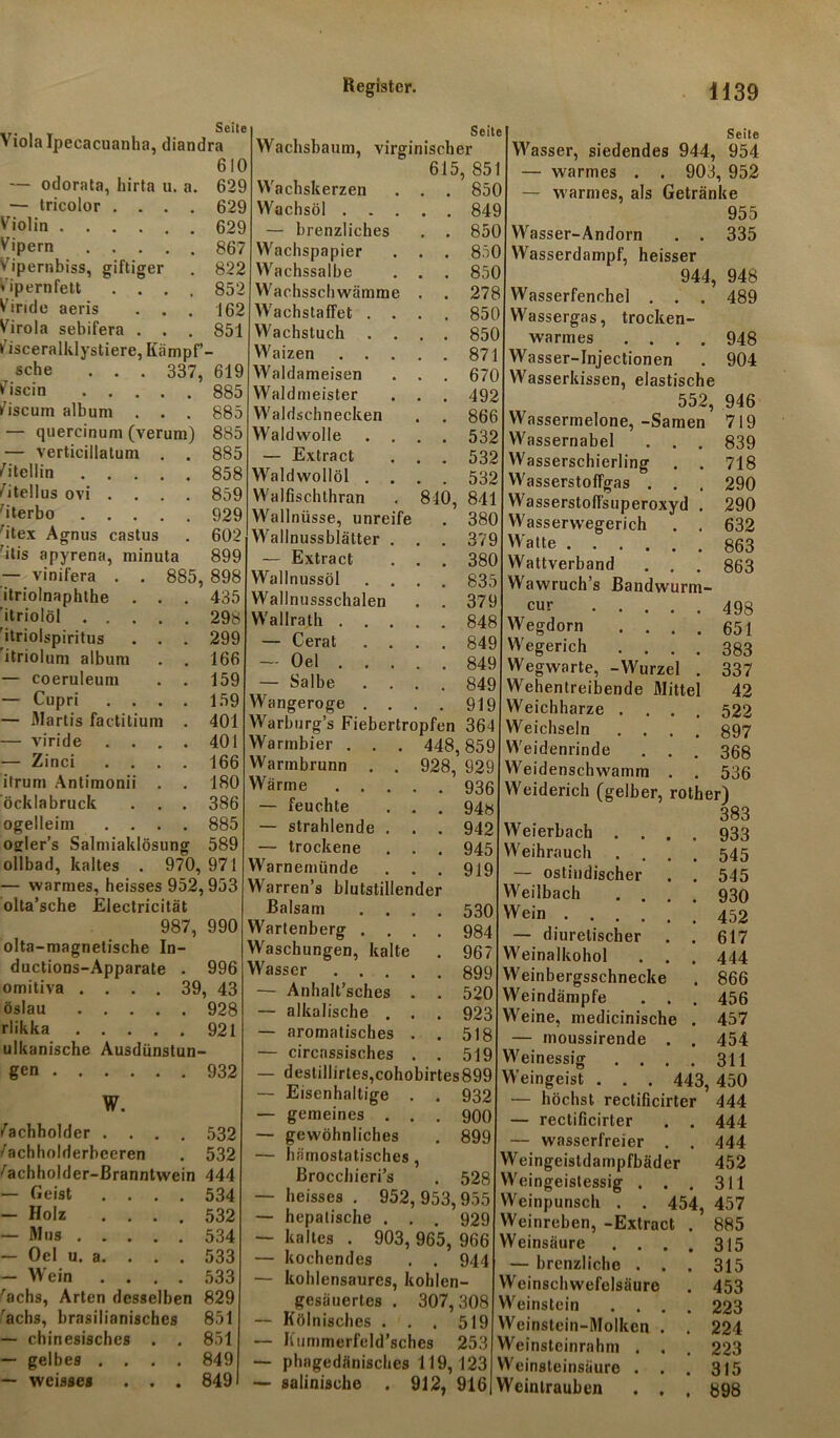 Viola Ipecacuanha, diandra 610 — odorata, hirta u. a. 629 — tricolor .... 629 Violin 629 Vipern 867 Vipernbiss, giftiger . 822 ♦ ipernfett .... 852 Vinde aeris . . . 162 Virola sebifera . . . 851 v’isceralldystiere, Kämpf’- sche . . . 337, 619 Viscin 885 /iscum album . . . 885 — quercinum (verum) 885 — verticillatum . . 885 Vitellin 858 Vitellus ovi .... 859 hterbo 929 h'tex Agnus castus . 602 'itis apyrena, minuta 899 — vinifera . . 885, 898 itriolnapbthe . . . 435 'itriolöl 298 'itriolspiritus . . . 299 itriolum album . . 166 — coeruleum . . 159 — Cupri .... 159 — Marlis factitium . 401 — viride . . . . 401 — Zinci .... 166 itrum Antimonii . . 180 öcklabruck . . . 386 ogelleim .... 885 Offler’s Salmiaklösung 589 ollbad, kaltes . 970, 971 — warmes, heisses 952,953 olta’sche Electricität 987, 990 olta-magnetische In- ductions-Apparate . 996 omitiva .... 39, 43 öslau 928 rlikka 921 ulkanische Ausdünstun- gen 932 W. /achholder .... 532 /achholderbeeren . 532 ^achholder-ßranntwein 444 — Geist .... 534 — Holz .... 532 — Mus 534 — Oel u. a. . . . 533 — Wein .... 533 rachs, Arten desselben 829 'achs, brasilianisches 851 — chinesisches . . 851 — gelbes .... 849 — weisses . . . 849 Seite Wachsbaum, virginiselier 615, 85 Wachskerzen . . 850 Wachsöl . . . . . 849 — brenzliches . . 850 Wachspapier . . 850 Wachssalbe . . 850 Wachsschwämme . . 278 Wachstaffet . . . . 850 Wachstuch . . 850 Waizen . . . . . 871 Waldameisen . . 670 Waldmeister . . 492 Waldschnecken . . 866 Waldwolle . . . . 532 — Extract . . 532 Waldwollöl . . . . 532 Walfischthran 810, 841 Wallnüsse, unreife . 380 Wallnussblätter . . . 379 — Extract . . 380 Wallnussöl . . . . 835 Wallnussschalen . . 379 Wallrath . . . . . 848 — Gerat . . . . 849 — Oel . . . . . 849 — Salbe . . 849 Wangeroge . . . . 919 Warburg’s Fiebertropfen 364 Warmbier . . . 448,859 Warmbrunn . . 928, 929 Wärme . . . . . 936 — feuchte . . 94« — strahlende . . . 942 — trockene . . 945 Warnemünde . . 919 Warren’s blutstillender Balsam . . . 530 Wartenberg . . . 984 Waschungen, kalte . 967 Wasser . . . . 899 — Anhalt’sches . 520 — alkalische . . 923 — aromatisches . 518 — circassisches . . 519 — destiliirtes,cohobirtes899 — Eisenhaltige . . 932 — gemeines ... 900 — gewöhnliches . 899 — hämostatisches , ßrocchieri’s . 528 — heisses . 952, 953,955 — hepatische . . . 929 — kaltes . 903, 965, 966 — kochendes . . 944 — kohlensaures, kohlen- gesäuertes . 307,308 — Kölnisches . . . 519 — Kummerfeld’sches 253 — phagedänisches 119,123 — salinisehe . 912, 916 Seile Wasser, siedendes 944, 954 — warmes . . 903, 952 — warmes, als Getränke 955 Wasser-Andorn . . 335 Wasserdampf, heisser 944, 948 Wasserfenchel . . . 489 Wassergas, trocken- warmes .... 948 Wasser-Injectionen . 904 Wasserkissen, elastische 552, 946 Wassermelone,-Samen 719 Wassernabel . . . 839 Wasserschierling . . 718 Wasserstoffgas . . . 290 Wasserstoffsuperoxyd . 290 Wasserwegerich . . 632 Watte 863 Wattverband . . . 863 Wawruch’s Bandwürm- er 498 Wegdorn .... 651 Wegerich .... 383 Wegwarte, -Wurzel . 337 Wehentreibende Mittel 42 Weichharze .... 522 Weichsein .... 897 Weidenrinde . . . 368 Weidenschwamm . . 536 Weiderich (gelber, rother) 383 Weierbach .... 933 Weihrauch .... 545 — ostiudischer . . 545 Weilbach .... 930 Wein — diuretischer . . 617 Weinalkohol . . . 444 Weinbergsschnecke . 866 Weindämpfe . . . 456 Weine, medicinische . 457 — moussirende . . 454 Weinessig . . . . 311 Weingeist . . . 443, 450 — höchst rectificirter 444 — rectificirter . . 444 — wasserfreier . . 444 Veingeistdampfbäder 452 Veingeistessig . . . 311 Weinpunsch . . 454, 457 Weinreben, -Exlract . 885 Weinsäure .... 315 — brenzliche . . . 315 Weinschwefelsäure . 453 Weinstein .... 223 Weinstein-Molken . . 224 Weinsteinrahm . . . 223 Weinsteinsäure . . . 315 Weintrauben . . . 898