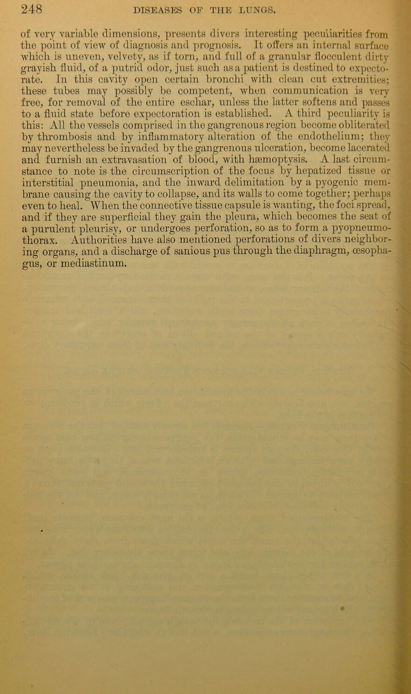 of very variable dimensions, presents divers interesting peculiarities from the point of view of diagnosis and prognosis. It offers an internal surface which is uneven, velvety, as if torn, and full of a granular flocculent dirty grayish fluid, of a putrid odor, just such as a patient is destined to expecto- rate. In this cavity open certain bronchi with clean cut extremities; these tubes may possibly be competent, when communication is very free, for removal of the entire eschar, unless the latter softens and passes to a fluid state before expectoration is established. A third peculiarity is this: All the vessels comprised in the gangrenous region become obliterated by thrombosis and by inflammatory alteration of the endothelium; they may nevertheless be invaded by the gangrenous ulceration, become lacerated and furnish an extravasation of blood, with hemoptysis. A last circum- stance to note is the circumscription of the focus by hepatized tissue or interstitial pneumonia, and the inward delimitation by a pyogenic mem- brane causing the cavity to collapse, and its walls to come together; perhaps even to heal. When the connective tissue capsule is wanting, the foci spread, and if they are superficial they gain the pleura, which becomes the seat of a purulent pleurisy, or undergoes perforation, so as to form a pyopneumo- thorax. Authorities have also mentioned perforations of divers neighbor- ing organs, and a discharge of sanious pus through the diaphragm, oesopha- gus, or mediastinum.