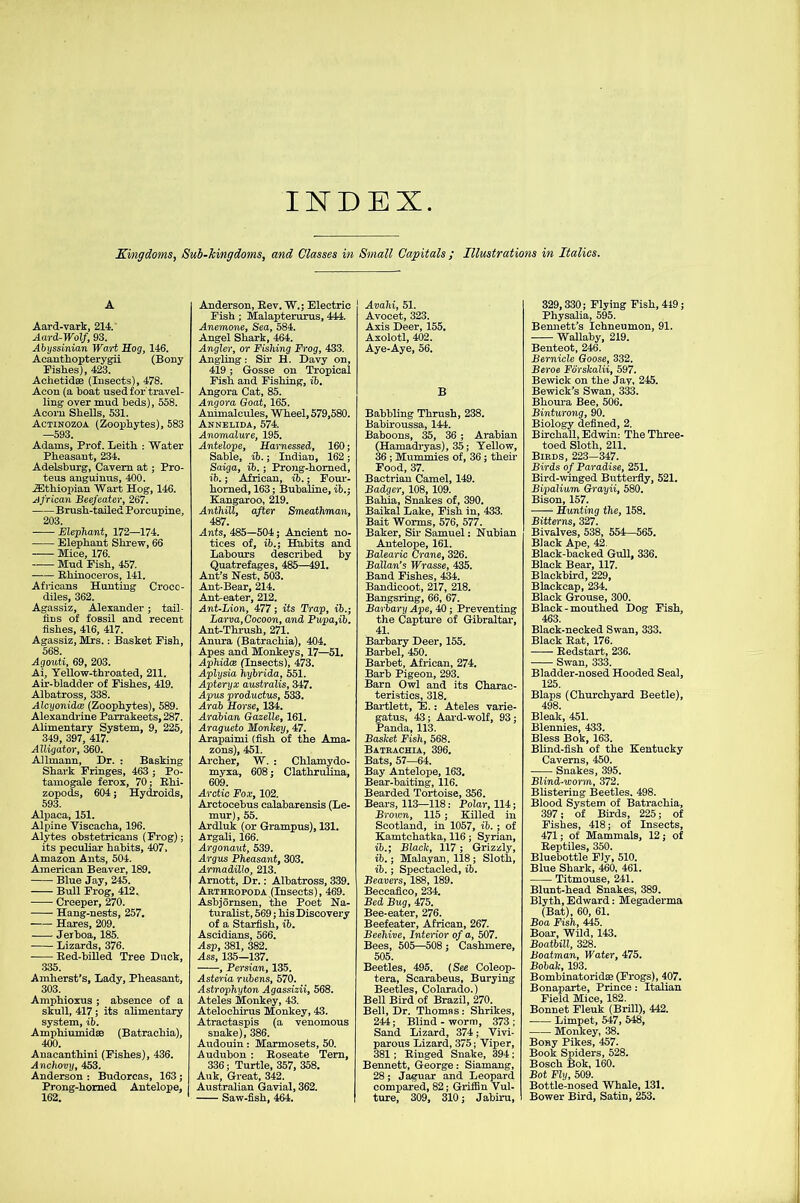 INDEX Kingdoms, Sub-Jcingdoms, and Classes in Small Capitals ; Illustrations in Italics. A AarcL-vark, 214. Aard-Wolf, 93. Abyssinian Wort Hog, 146. Acanthopterygii (Bony Fishes), 423. Achetidse (Insects), 478. Aeon (a boat used for travel- ling over mud beds), 558. Acorn Shells, 531. Actinozoa (Zoophytes), 583 —593. Adams, Prof. Leith : Water Pheasant, 234. Adelsburg, Cavern at; Pro- teus anguinus, 400. ^Ethiopian Wart Hog, 146. African Beefeater, 267. Brush-tailed Porcupine, 203. Elephant, 172—174. Elephant Shrew, 66 Mice, 176. Mud Fish, 457. Rhinoceros, 141. Africans Hunting Croco- diles, 362. Agassiz, Alexander; tail- fins of fossil and recent fishes, 416, 417. Agassiz, Mrs.: Basket Fish, 568. Agouti, 69, 203. Ai, Yellow-throated, 211. Air-bladder of Fishes, 419. Albatross, 338. Alcyonidce (Zoophytes), 589. Alexandrine Parrakeets, 287. Alimentary System, 9, 225, 349, 397, 417. Alligator, 360. Allmann, Dr. : Basking Shark Fringes, 463 ; Po- tamogale ferox, 70; Rlii- zopods, 604; Hydroids, 593. Alpaca, 151. Alpine Viscacha, 196. Alytes obstetricans (Frog); its peculiar habits, 407, Amazon Ants, 504. American Beaver, 189. Blue Jay, 245. Bull Frog, 412.. Creeper, 270. Hang-nests, 257. Hares, 209. Jerboa, 185. Lizards, 376. Red-billed Tree Duck, 335. Amherst's, Lady, Pheasant, 303. Amphioxus ; absence of a skull, 417 ; its alimentary system, ib. Amphiumidse (Batrachia), 400. Anacanthini (Fishes), 436. Anchovy, 453. Anderson : Budorcas, 163; Prong-homed Antelope, 162. Anderson, Rev. W.; Electric Fish ; Malapterurus, 444. Anemone, Sea, 584. Angel Shark, 464. Angler, or Fishing Frog, 433. Angling: Sir H. Davy on, 419 ; Gosse on Tropical Fish and Fishing, ib. Angora Cat, 85. Angora Goat, 165. Animalcules, Wheel, 579,580. Annelida, 574. Anomalure, 195. Antelope, Harnessed, 160; Sable, ib.; Indian, 162; Saiga, ib.; Prong-horned, ib.; African, ib.; Four- horned, 163; Bubaline, ib.; Kangaroo, 219. Anthill, after Smeathman, 487. Ants, 485—504; Ancient no- tices of, ib.; Habits and Labours described by Quatrefages, 485—491. Ant’s Nest, 503. Ant-Bear, 214. Ant-eater, 212. Ant-Lion, 477; its Trap, ib.; Larva,Cocoon, and Pupa,ib. Ant-Thrush, 271. Anura (Batrachia), 404. Apes and Monkeys, 17—51. Aphidce (Insects), 473. Aplysia hybrida, 551. Apteryx australis, 347. Apus productus, 533. Arab Horse, 134. Arabian Gazelle, 161. Aragueto Monkey, 47. Arapaimi (fish of the Ama- zons), 451. Archer, W. : Chlamydo- myxa, 608: Clatlirulina, 609. Arctic Fox, 102. Arctocebus calabarensis (Le- mur), 55. Ardluk (or Grampus), 131. Argali, 166. Argonaut, 539. Argus Pheasant, 303. Armadillo, 213. Amott, Dr.: Albatross, 339. Arthropoda (Insects), 469. Asbjornsen, the Poet Na- turalist, 569; his Discovery of a Starfish, ib. Ascidians, 566. Asp, 381, 382. Ass, 135—137. , Persian, 135. Asteria rubens, 570. Astrophyton Agassizii, 568. Ateles Monkey, 43. Atelochirus Monkey, 43. Atractaspis (a venomous snake), 386. Audouin: Marmosets, 50. Audubon : Roseate Tern, 336; Turtle, 357, 358. Auk, Great, 342. Australian Gavial, 362. Saw-fish, 464. Avahi, 51. Avocet, 323. Axis Deer, 155. Axolotl, 402. Aye-Aye, 56. B Babbling Thrush, 238. Babiroussa, 144. Baboons, 35, 36 ; Arabian (Hamadryas), 35; Yellow, 36; Mummies of, 36; their Food, 37. Bactrian Camel, 149. Badger, 108, 109. Bahia, Snakes of, 390. Baikal Lake, Fish in, 433. Bait Worms, 576, 577. Baker, Sir Samuel: Nubian Antelope, 161. Balearic Crane, 326. Ballan’s Wrasse, 435. Band Fishes, 434. Bandicoot, 217, 218. Bangsring, 66, 67. Barbary Ape, 40; Preventing the Capture of Gibraltar, 41. Barbary Deer, 155. Barbel, 450. Barbet, African, 274. Barb Pigeon, 293. Barn Owl and its Charac- teristics, 318. Bartlett, E.: Ateles varie- gatus, 43; Aard-wolf, 93; Panda, 113. Basket Fish, 568. Batrachia, 396. Bats, 57—64. Bay Antelope, 163. Bear-baiting, 116. Bearded Tortoise, 356. Bears, 113—118: Polar, 114; Brown, 115; Killed in Scotland, in 1057, ib.; of Kamtchatka, 116; Syrian, ib.; Black, 117 ; Grizzly, ib.; Malayan, 118 ; Sloth, ib.; Spectacled, ib. Beavers, 188, 189. Beccafico, 234. Bed Bug, 475. Bee-eater, 276. Beefeater, African, 267. Beehive, Intenor of a, 507. Bees, 505—508 ; Cashmere, 505. Beetles, 495. (See Coleop- tera, Scarabeus, Burying Beetles, Colarado.) Bell Bird of Brazil, 270. Bell, Dr. Thomns: Shrikes, 244; Blind - worm, 373 ; Sand Lizard, 374; Vivi- parous Lizard, 375; Viper, 381; Ringed Snake, 394; Bennett, George: Siamang, 28; Jaguar and Leopard compared, 82; Griffin Vul- ture, 309, 310; Jabiru, 329,330; Flying Fish, 449; Physalia, 595. Bennett's Ichneumon, 91. Wallaby, 219. Benteot, 246. Bernicle Goose, 332. Beroe Forskalii, 597. Bewick on the Jay, 245. Bewick's Swan, 333. Bhoura Bee, 506. Binturong, 90. Biology defined, 2. Birchall, Edwin: The Three- toed Sloth, 211. Birds, 223—347. Birds of Paradise, 251. Bird-winged Butterfly, 521. Bipalium Grayii, 580. Bison, 157. Hunting the, 158. Bitterns, 327. Bivalves, 538, 554—565. Black Ape, 42. Black-backed Gull, 336. Black Bear, 117. Blackbird, 229, Blackcap, 234. Black Grouse, 300. Black - mouthed Dog Fish, 463. Black-necked Swan, 333. Black Rat, 176. Redstart, 236. Swan, 333. Bladder-nosed Hooded Seal, 125. Blaps (Churchyard Beetle), 498. Bleak, 451. Blennies, 433. Bless Bok, 163. Blind-fish of the Kentucky Caverns, 450. Snakes, 395. Blind-worm, 372. Blistering Beetles. 498. Blood System of Batrachia, 397; of Birds, 225; of Fishes, 418; of Insects, 471; of Mammals, 12; of Reptiles, 350. Bluebottle FJy, 510. Blue Shark, 460, 461. Titmouse, 241. Blunt-head Snakes, 389. Blyth, Edward: Megaderma (Bat), 60, 61. Boa Fish, 445. Boar, Wild, 143. Boatbill, 328. Boatman, Water, 475. Bobak, 193. Bombinatoridse (Frogs), 407. Bonaparte, Prince: Italian Field Mice, 182. Bonnet Fleuk (Brill), 442. Limpet, 547, 548, Monkey, 38. Bony Pikes, 457. Book Spiders, 528. Bosch Bok, 160. Bot Fly, 509. Bottle-nosed Whale, 131. Bower Bird, Satin, 253.