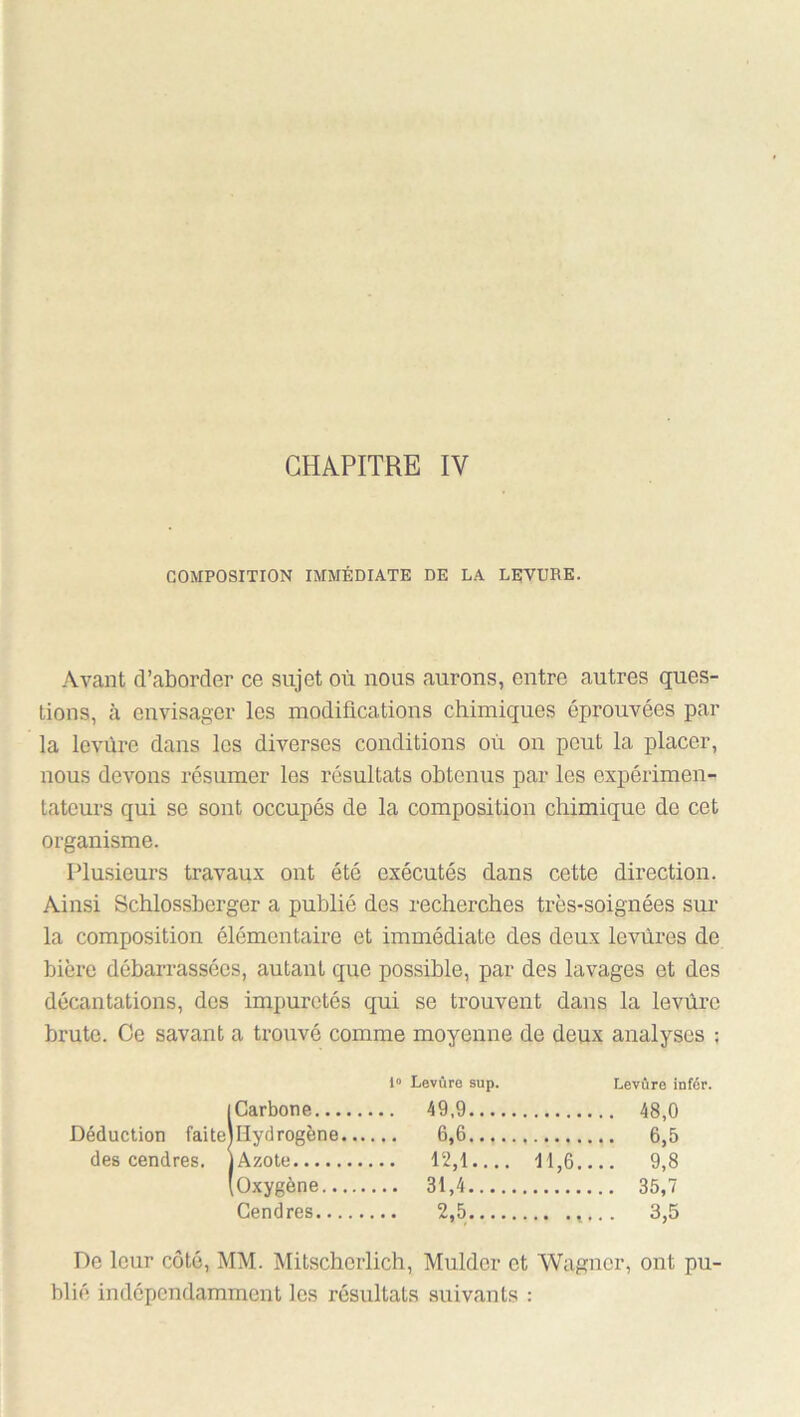 COMPOSITION IMMÉDIATE DE LA LETVURE. Avant d’aborder ce sujet où nous aurons, entre autres ques- tions, à envisager les modifications chimiques éprouvées par la levure dans les diverses conditions où on peut la placer, nous devons résumer les résultats obtenus par les expérimen- tateurs qui se sont occupés de la composition chimique de cet organisme. Plusieurs travaux ont été exécutés dans cette direction. Ainsi Schlossberger a publié des recherches très-soignées sur la composition élémentaire et immédiate des deux levures de bière débarrassées, autant que possible, par des lavages et des décantations, des impuretés qui se trouvent dans la levure brute. Ce savant a trouvé comme moyenne de deux analyses ; 1“ Leviiro sup, Levûre iofér. i Carbone 49,9 48,0 Hydrogène 6,6 6,5 Azote 12,1.,.. 11,6 9,8 Oxygène 31,4 35,7 Gendres 2,5 3,5 De leur côté, MM. Mitscherlich, Muldcr et Wagner, ont pu- blié indépendamment les résultats suivants :