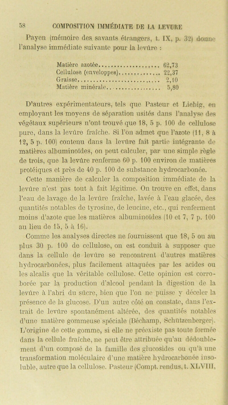 Paycn (mémoire des. savants étrangers, t. IX, p. 32) donne l’analyse immédiate suivante pour la levùro ; Matière azotée 62,73 Cellulose (enveloppes) 22,37 Graisse 2,10 Matière minérale. 5,80 D’autres expérimentateurs, tels que Pasteur et Liebig, en employant les moyens de séparation usités dans l’analyse des végétaux supérieurs n’ont trouvé que 18, 5 p. 100 de cellulose pure, dans la levûre fraîche. Si l’on admet que l’azote (11, 8 à 12, 5 p. 100) contenu dans la levûre fait partie intégrante de matières albuminoïdes, on peut calculer, par une simple règle de trois, que la levûre renferme 60 p. 100 environ de matières protéiques et près de 40 p. 100 de substance bydi’ocarbonée. Cette manière de calculer la composition immédiate de la levûre n’est pas tout à fait légitime. On trouve eu effet, dans l’eau de lavage de la levûre fraîche, lavée à l’eau glacée, des quantités notables de tyrosine, de leucine, etc., qui renferment moins d’azote que les matières albuminoïdes (10 et 7, 7 p. 100 au lieu de 15, 5 à 16). Comme les analyses directes ne fournissent que 18, 5 ou au plus 30 p. 100 de cellulose, on est conduit à supposer que dans la cellule de levûre se rencontrent d’autres matières hydrocarbonées, plus facilement attaquées par les acides ou les alcalis que la véritable cellulose. Cette opinion est corro- borée par la production d’alcool pendant la digestion de la levûre à l’abri du sûcrc, bien que l’on ne puisse y déceler la présence de la glucose. D’un autre côté on constate, dans l’ex- trait de levûre spontanément altérée, des quantités notables d’une matière gommeuse spéciale (Déchamp, Schûtzenberger). Tj’origine do cette gomme, si elle no prée.xistc pas toute formée dans la cellule fraîche, ne peut être attribuée qu’au dédouble- ment d’un composé de la famille des glucosides ou qu’à une transformation moléculaire d’une matière hydrocarbonée inso- luble, autre que la cellulose. Pasteur (Compt. rendus, t. XLVIll,