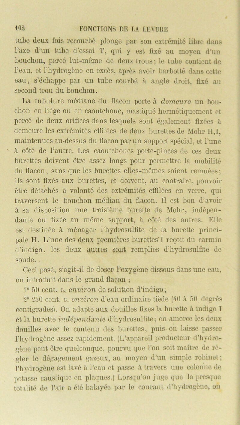 tube deux fois recourbé plonge par son extrémité libre dans l’axe d’un tube d’essai T, qui y est fixé au moyen d’un bouchon, percé lui-même de deux trous ; le tube contient de l’eau, et l’hydrogène en excès, après avoir barbotté dans cette eau, s’échappe par un tube courbé à angle droit, fixé au second trou du bouchon. La tubulure médiane du flacon porte à demeure un bou- chon en liège ou en caoutchouc, mastiqué hermétiquement et percé de deux orifices dans lesquels sont également fixées à demeure les extrémités effilées de deux burettes de Molir H,I, maintenues au-dessus du flacon par un support spécial, et l’une ' à côté de l’autre. Les caoutchoucs porte-pinces de ces deux burettes doivent être assez longs pour permettre la mobüité du flacon, sans que les burettes elles-mêmes soient remuées ; ils sont fixés aux burettes, et doivent, au contraire, pouvoir être détachés à volonté des extrémités efiilées en verre, qui traversent le bouchon médian du flacon. Il est bon d’avoir à sa disposition une troisième burette de ÎMolir, indépen- dante ou fixée au même support, à côté des autres. Elle est destinée à ménager l’hydrosulfite de la burette princi- pale II. L’une des deux premières burettes I reçoit du carmin d’indigo, les deux autres sont remplies d’hydrosulfite de soude. Ceci posé, s’agit-il de doser l’oxygène dissous dans une eau, on introduit dans le grand flacon : 1“ 50 cent. c. environ de solution d’indigo; 2“ 250 cent. c. environ d’eau ordinaire tiède (40 à 50 degrés centigrades). On adapte aux douilles fixes la burette h indigo I et la burette indépendante d’hydrosulfite ; on amorce les deux douilles avec le contenu des burettes, puis ou laisse passer l’hydrogène assez rapidement. (L’appareil producteur d’hydro- gène peut être quelconque, pourvu que l’on soit maître de ré- gler le dégagement gazeux, au moyen d’un simple robinet ; l’hydrogène est lavé à l’eau et passe à travers une colonne de potasse caustique eu plaques.) Lorsqu’on juge que la presque totalité do l’air a été l)alayée par le courant d’iiydrogènc, on