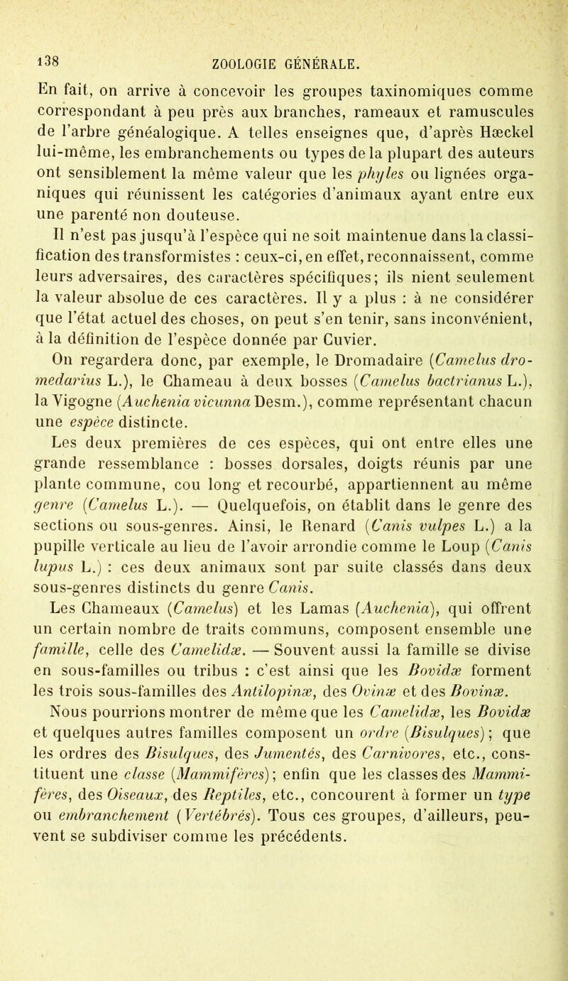 En fait, on arrive à concevoir les groupes taxinomiques comme correspondant à peu près aux branches, rameaux et ramuscules de l’arbre généalogique. A telles enseignes que, d’après Hæckel lui-même, les embranchements ou types de la plupart des auteurs ont sensiblement la même valeur que les phyles ou lignées orga- niques qui réunissent les catégories d’animaux ayant entre eux une parenté non douteuse. Il n’est pas jusqu’à l’espèce qui ne soit maintenue dans la classi- fication des transformistes : ceux-ci, en effet, reconnaissent, comme leurs adversaires, des caractères spécifiques; ils nient seulement la valeur absolue de ces caractères. Il y a plus : à ne considérer que l’état actuel des choses, on peut s’en tenir, sans inconvénient, à la définition de l’espèce donnée par Cuvier. On regardera donc, par exemple, le Dromadaire (Camelus dro- medarius L.), le Chameau à deux bosses (Camelus bactrianus L.), la Vigogne (Auclienia vicunna Desm.), comme représentant chacun une espèce distincte. Les deux premières de ces espèces, qui ont entre elles une grande ressemblance : bosses dorsales, doigts réunis par une plante commune, cou long et recourbé, appartiennent au même genre (Camelus L.). — Quelquefois, on établit dans le genre des sections ou sous-genres. Ainsi, le Renard (Canis vulpes L.) a la pupille verticale au lieu de l’avoir arrondie comme le Loup (Canis lupus L.) : ces deux animaux sont par suite classés dans deux sous-genres distincts du genre Canis. Les Chameaux (Camelus) et les Lamas (Auchenia), qui offrent un certain nombre de traits communs, composent ensemble une famille, celle des Camelidæ. — Souvent aussi la famille se divise en sous-familles ou tribus : c’est ainsi que les Bovidæ forment les trois sous-familles des Antilopinæ, des Ovinæ et des Bovinæ. Nous pourrions montrer de même que les Camelidæ, les Bovidæ et quelques autres familles composent un ordre (.Bisulques) ; que les ordres des Bisulques, des Jumentés, des Carnivores, etc., cons- tituent une classe (Mammifères) ; enfin que les classes des Mammi- fères, des Oiseaux, des Beptiles, etc., concourent à former un type ou embranchement ( Vertébrés). Tous ces groupes, d’ailleurs, peu- vent se subdiviser comme les précédents.