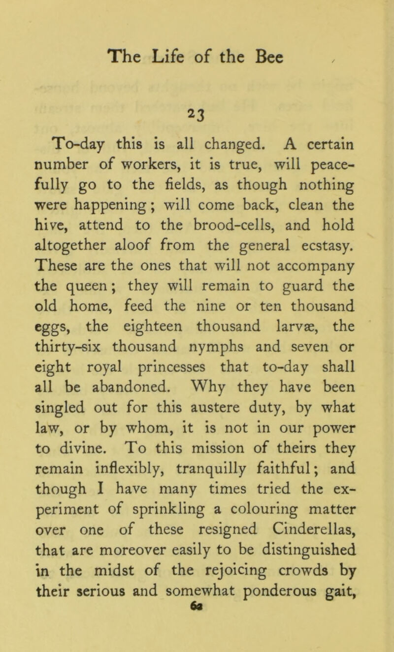 23 To-day this is all changed. A certain number of workers, it is true, will peace- fully go to the fields, as though nothing were happening; will come back, clean the hive, attend to the brood-cells, and hold altogether aloof from the general ecstasy. These are the ones that will not accompany the queen; they will remain to guard the old home, feed the nine or ten thousand eggs, the eighteen thousand larvae, the thirty-six thousand nymphs and seven or eight royal princesses that to-day shall all be abandoned. Why they have been singled out for this austere duty, by what law, or by whom, it is not in our power to divine. To this mission of theirs they remain inflexibly, tranquilly faithful; and though I have many times tried the ex- periment of sprinkling a colouring matter over one of these resigned Cinderellas, that are moreover easily to be distinguished in the midst of the rejoicing crowds by their serious and somewhat ponderous gait, 6a