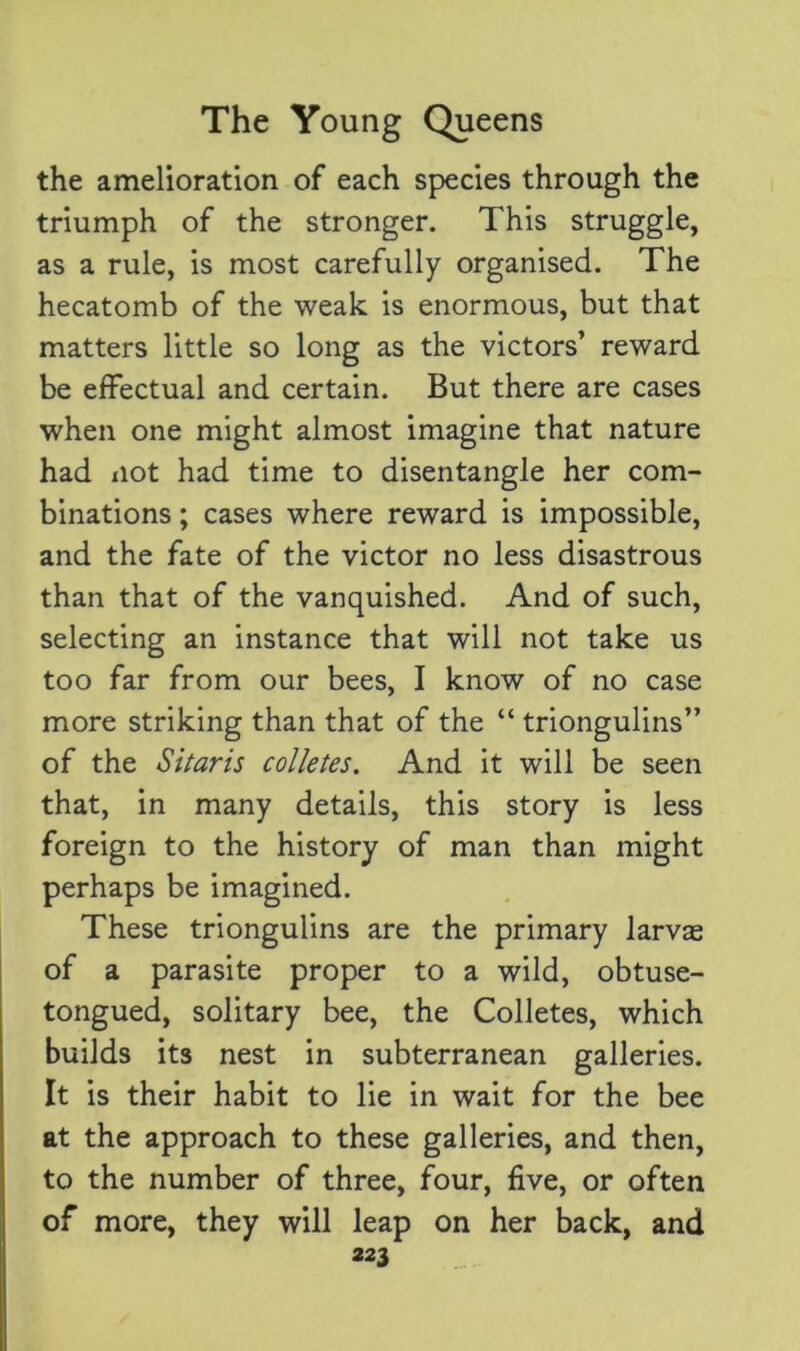 the amelioration of each species through the triumph of the stronger. This struggle, as a rule, is most carefully organised. The hecatomb of the weak is enormous, but that matters little so long as the victors’ reward be effectual and certain. But there are cases when one might almost imagine that nature had not had time to disentangle her com- binations ; cases where reward is impossible, and the fate of the victor no less disastrous than that of the vanquished. And of such, selecting an instance that will not take us too far from our bees, I know of no case more striking than that of the “ triongulins” of the Sitaris colletes. And it will be seen that, in many details, this story is less foreign to the history of man than might perhaps be imagined. These triongulins are the primary larvas of a parasite proper to a wild, obtuse- tongued, solitary bee, the Colletes, which builds its nest in subterranean galleries. It is their habit to lie in wait for the bee at the approach to these galleries, and then, to the number of three, four, five, or often of more, they will leap on her back, and