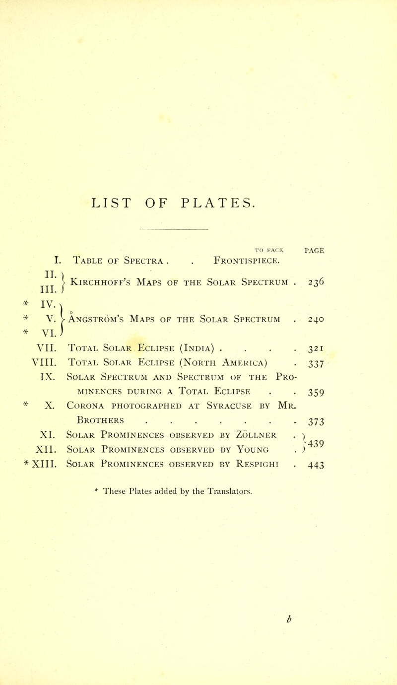 I. II. III. * IV. > * y. ' * VI. > VII. VIII. IX. * X. XI. XII. *XIII. LIST OF PLATES. TO FACE Table of Spectra . . Frontispiece. Kirchhoff’s Maps of the Solar Spectrum . Angstrom’s Maps of the Solar Spectrum Total Solar Eclipse (India) . . . . Total Solar Eclipse (North America) Solar Spectrum and Spectrum of the Pro- minences during a Total Eclipse Corona photographed at Syracuse by Mr. Brothers Solar Prominences observed by Zöllner Solar Prominences observed by Young Solar Prominences observed by Respighi * These Plates added by the Translators. PAGE 2 36 24O 321 337 359 373 j 439 443 b