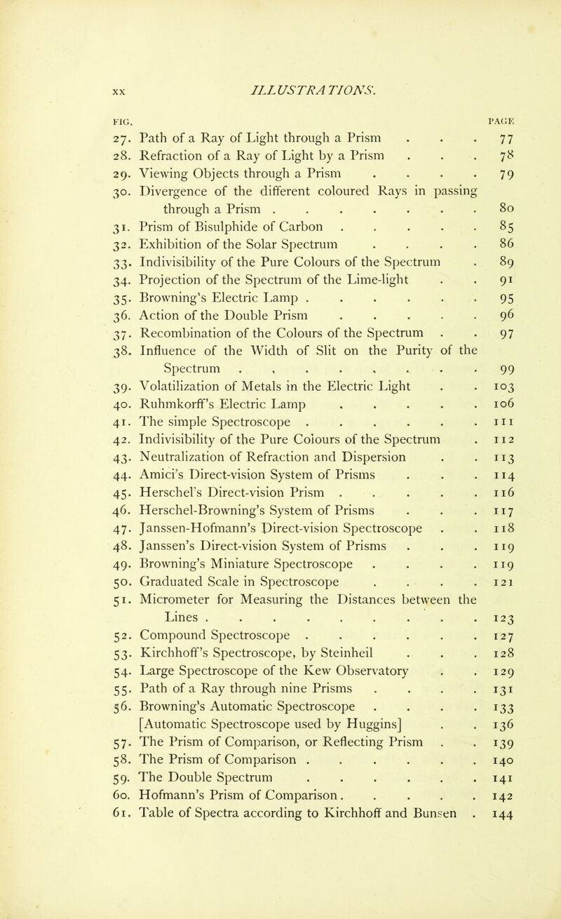 FIG. PAGE 27. Path of a Ray of Light through a Prism . . .77 28. Refraction of a Ray of Light by a Prism . . .78 29. Viewing Objects through a Prism . . . *79 30. Divergence of the different coloured Rays in passing through a Prism ....... 80 31. Prism of Bisulphide of Carbon . . . . -85 32. Exhibition of the Solar Spectrum . . . .86 33. Indivisibility of the Pure Colours of the Spectrum . 89 34. Projection of the Spectrum of the Lime-light . . 91 35. Browning’s Electric Lamp . . . . . -95 36. Action of the Double Prism ..... 96 37. Recombination of the Colours of the Spectrum . . 97 38. Influence of the Width of Slit on the Purity of the Spectrum ........ 99 39. Volatilization of Metals in the Electric Light . -103 40. Ruhmkorff’s Electric Lamp . . . . .106 41. The simple Spectroscope . . . . . .111 42. Indivisibility of the Pure Colours of the Spectrum . 112 43. Neutralization of Refraction and Dispersion . . 113 44. Amici’s Direct-vision System of Prisms . . .114 45. Herschel’s Direct-vision Prism . . . . .116 46. Herschel-Browning’s System of Prisms . . . 117 47. Janssen-Hofmann’s Direct-vision Spectroscope . .118 48. Janssen’s Direct-vision System of Prisms . . .119 49. Browning’s Miniature Spectroscope . . . .119 50. Graduated Scale in Spectroscope . . . .121 51. Micrometer for Measuring the Distances between the Lines . . . . . . . . *123 52. Compound Spectroscope . . . . . .127 53. Kirchhofif’s Spectroscope, by Steinheil . . .128 54. Large Spectroscope of the Kew Observatory . . 129 55. Path of a Ray through nine Prisms . . . *131 56. Browning's Automatic Spectroscope . . . 133 [Automatic Spectroscope used by Huggins] . .136 57. The Prism of Comparison, or Reflecting Prism . .139 58. The Prism of Comparison . . . . . .140 59. The Double Spectrum . . . . . .141 60. Hofmann’s Prism of Comparison. . . . .142 61. Table of Spectra according to Kirchhoff and Bunsen . 144