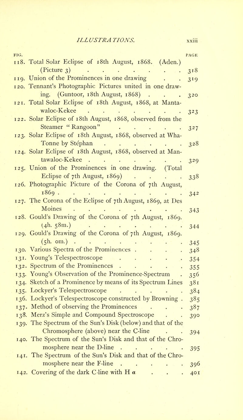 FIG. PAGE 118. Total Solar Eclipse of 18th August, 1868. (Aden.) (Picture 3) . . . . . . .318 119. Union of the Prominences in one drawing . . 319 120. Tennant’s Photographic Pictures united in one draw- ing. (Guntoor, 18th August, 1868) . . .320 121. Total Solar Eclipse of 18th August, 1868, at Manta- waloc-Kekee . . . . . . .3 23 122. Solar Eclipse of 18th August, 1868, observed from the Steamer “Rangoon” . . . . «327 123. Solar Eclipse of 18th August, 1868, observed at Wha- Tonne by Stephan . . . . . .328 124. Solar Eclipse of 18th August, 1868, observed at Man- tawaloc-Kekee . . . . . . .329 125. Union of the Prominences in one drawing. (Total Eclipse of 7th August, 1869) .... 338 126. Photographic Picture of the Corona of 7 th August, 1869 342 127. The Corona of the Eclipse of 7th August, 1869, at Des Moines ........ 343 128. Gould’s Drawing of the Corona of 7th August, 1869. Wh. 58m.) 344 129. Gould’s Drawing of the Corona of 7th August, 1869. (5h- ora-) 345 130. Various Spectra of the Prominences .... 348 131. Young’s Telespectroscope . . . . -354 132. Spectrum of the Prominences . . . . -355 133. Young’s Observation of the Prominence-Spectrum . 356 134. Sketch of a Prominence by means of its Spectrum Lines 381 135. Lockyer’s Telespectroscope . . . . .384 136. Lockyer’s Telespectroscope constructed by Browning . 385 137. Method of observing the Prominences . . . 387 138. Merz’s Simple and Compound Spectroscope . . 390 139. The Spectrum of the Sun’s Disk (below) and that of the Chromosphere (above) near the C-line . -394 140. The Spectrum of the Sun’s Disk and that of the Chro- mosphere near the D-line ..... 395 141. The Spectrum of the Sun’s Disk and that of the Chro- mosphere near the F-line . . . . *396 142. Covering of the dark C-line with Ha . . .401