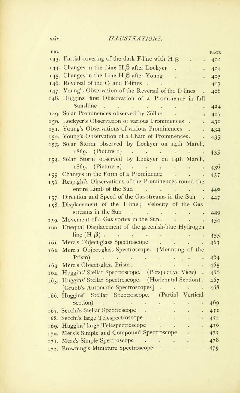 FIG. PAGE 143. Partial covering of the dark F-line with H ß . . 402 T44. Changes in the Line H ß after Lockyer . . . 404 145. Changes in the Line H ß after Young . . . 405 146. Reversal of the C-and F-lines ..... 407 147. Young’s Observation of the Reversal of the D-lines . 408 148. Huggins’ first Observation of a Prominence in full Sunshine ........ 424 149. Solar Prominences observed by Zöllner . . *427 150. Lockyer’s Observation of various Prominences . 431 151. Young’s Observations of various Prominences . . 434 152. Young’s Observation of a Chain of Prominences. . 435 153. Solar Storm observed by Lockyer on 14th March, 1869. (Picture 1) . . . . . 435 154. Solar Storm observed by Lockyer on 14th March, 1869. (Picture 2) ..... 436 155. Changes in the Form of a Prominence . . -437 156. Respighi’s Observations of the Prominences round the entire Limb of the Sun ..... 440 157. Direction and Speed of the Gas-streams in the Sun . 447 158. Displacement of the F-line; Velocity of the Gas- streams in the Sun ...... 449 159. Movement of a Gas-vortex in the Sun. . . . 454 160. Unequal Displacement of the greenish-blue Hydrogen line (H ß) 455 161. Merz’s Object-glass Spectroscope . . . .463 162. Merz’s Object-glass Spectroscope. (Mounting of the Prism) . 464 163. Merz’s Object-glass Prism 465 164. Huggins’ Stellar Spectroscope. (Perspective View) . 466 165. Huggins’ Stellar Spectroscope. (Horizontal Section) . 467 [Grubb’s Automatic Spectroscopes] .... 468 166. Huggins’ Stellar Spectroscope. (Partial Vertical Section) ........ 469 167. Secchi’s Stellar Spectroscope 472 168. Secchi’s large Telespectroscope 474 169. Huggins’large Telespectroscope .... 476 170. Merz’s Simple and Compound Spectroscope . -477 171. Merz’s Simple Spectroscope 478 172. Browning’s Miniature Spectroscope . . . -479
