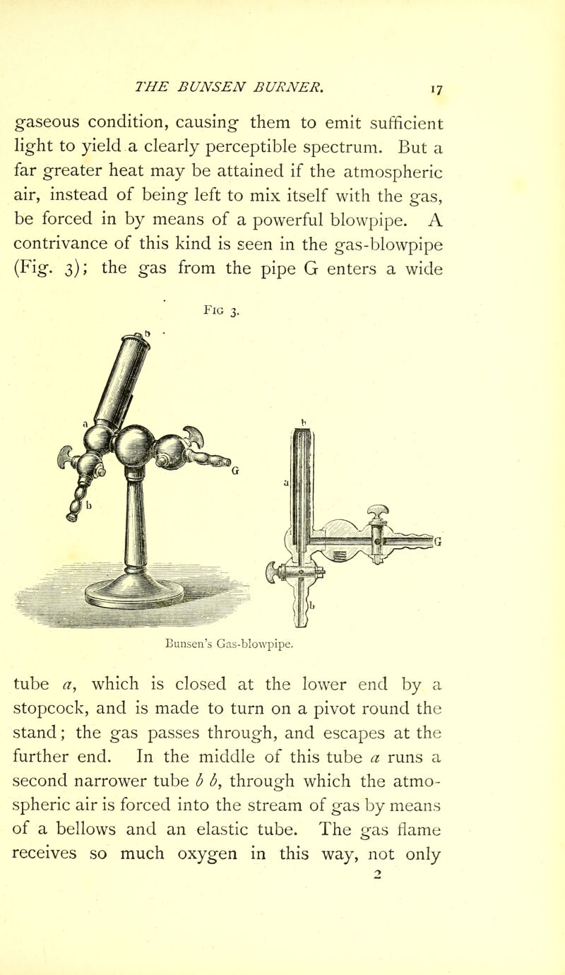 gaseous condition, causing them to emit sufficient light to yield a clearly perceptible spectrum. But a far greater heat may be attained if the atmospheric air, instead of being left to mix itself with the gas, be forced in by means of a powerful blowpipe. A contrivance of this kind is seen in the gas-blowpipe (Fig. 3); the gas from the pipe G enters a wide Fig 3. Bunsen’s Gas-blowpipe. tube a, which is closed at the lower end by a stopcock, and is made to turn on a pivot round the stand; the gas passes through, and escapes at the further end. In the middle of this tube a runs a second narrower tube b b, through which the atmo- spheric air is forced into the stream of gas by means of a bellows and an elastic tube. The gas flame receives so much oxygen in this way, not only