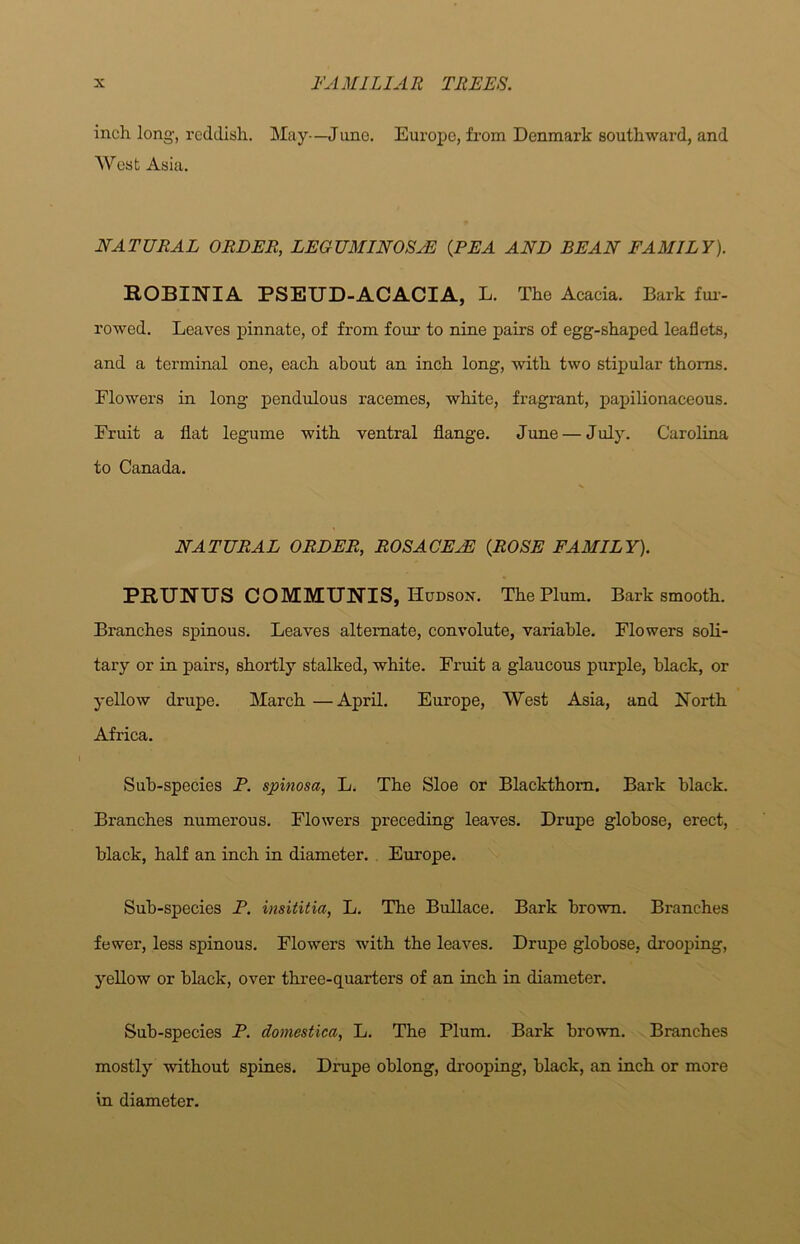 inch long-, reddish. May—June. Europe, from Denmark southward, and West Asia. NATURAL ORDER, LEGUMINOSJE {PEA AND BEAN FAMILY). ROBINIA PSEUD-ACACIA, L. The Acacia. Bark fur- rowed. Leaves pinnate, of from four to nine pairs of egg-shaped leaflets, and a terminal one, each about an inch long, with two stipular thorns. Flowers in long pendulous racemes, white, fragrant, papilionaceous. Fruit a flat legume with ventral flange. June — July. Carolina to Canada. NATURAL ORDER, ROSACEJE (ROSE FAMILY). PRUNUS COMMUNIS, Hudson. The Plum. Bark smooth. Branches spinous. Leaves alternate, convolute, variable. Flowers soli- tary or in pairs, shortly stalked, white. Fruit a glaucous purple, black, or yellow drupe. March —April. Europe, West Asia, and North Africa. Sub-species P. spinosa, L. The Sloe or Blackthorn. Bark black. Branches numerous. Flowers preceding leaves. Drupe globose, erect, black, half an inch in diameter. Europe. Sub-species P. insititia, L. The Bullace. Bark brown. Branches fewer, less spinous. Flowers with the leaves. Drupe globose, drooping, yellow or black, over three-quarters of an inch in diameter. Sub-species P. clomestica, L. The Plum. Bark brown. Branches mostly without spines. Drupe oblong, drooping, black, an inch or more in diameter.