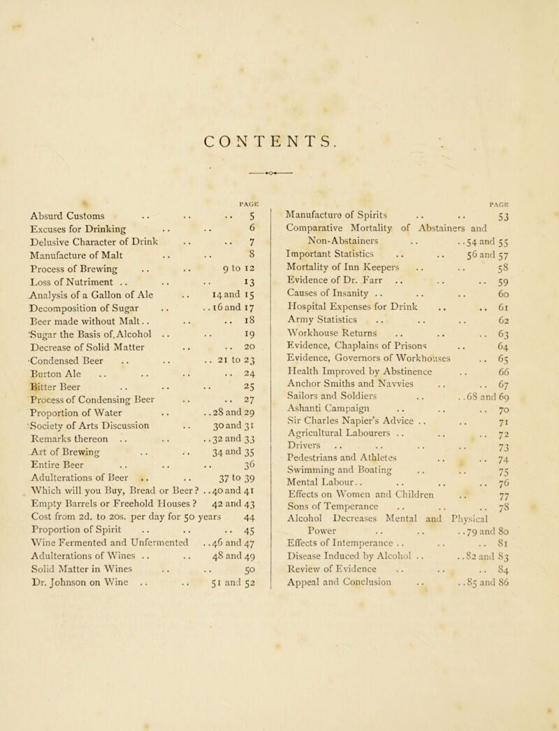 CONTENTS. •o» Absurd Customs .. PAGE •• 5 Manufacture of Spirits PAGE 53 Excuses for Drinking 6 Comparative Mortality of Abstainers and Delusive Character of Drink • • .. 7 Non-Abstainers . .54 and 55 Manufacture of Malt 8 Important Statistics 56 and 57 Process of Brewing • • 9 to 12 Mortality of Inn Keepers 58 Loss of Nutriment .. 13 Evidence of Dr. Farr •• 59 Analysis of a Gallon of Ale • ♦ 14 and 15 Causes of Insanity .. 60 Decomposition of Sugar .. 16 and 17 Hospital Expenses for Drink .. 61 Beer made without Malt.. • • .. 18 Army Statistics 62 'Sugar the Basis of, Alcohol .. 19 Workhouse Returns .. 63 Decrease of Solid Matter • • .. 20 Evidence, Chaplains of Prisons .. 64 ■Condensed Beer .. 21 to 23 Evidence, Governors of Workhouses .. 65 Burton Ale , # 24 Health Improved by Abstinence 66 Bitter Beer 25 Anchor Smiths and Navvies .. 67 Process of Condensing Beer • • .. 27 Sailors and Soldiers .. 6S and 69 Proportion of Water .. 28 and 29 Ashanti Campaign .. 70 Society of Arts Discussion 30 and 31 Sir Charles Napier’s Advice .. 71 Remarks thereon . .32 and 33 Agricultural Labourers .. 72 Art of Brewing • • 34 and 35 Drivers Pedestrians and Athletes 73 .. 74 7S Entire Beer 36 Swimming and Boating Adulterations of Beer • • 37 to 39 Mental Labour.. 76 Which will you Buy, Bread or Beer? .. 40 and 41 Effects on Women and Children 77 Empty Barrels or Freehold Houses ? 42 and 43 Sons of Temperance .. 78 Cost from 2d. to 20s. per day for 50 years 44 Alcohol Decreases Mental and Physical Proportion of Spirit • • •• 45 Power .. 79 and 80 Wine Fermented and Unfermented .. 46 and 47 Effects of Intemperance .. 81 Adulterations of Wines .. . • 48 and 49 Disease Induced by Alcohol .. .. 82 and 83 Solid Matter in Wines 50 Review of Evidence .. 84 Dr. Johnson on Wine • • 51 and 52 Appeal and Conclusion .. 85 and 86