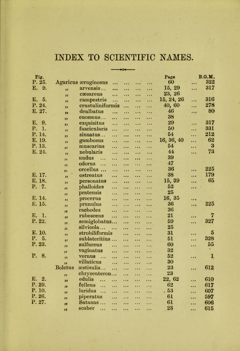 INDEX TO SCIENTIFIC NAMES <► Fig. Page B.G.M. P. 25. Agaricua 53erugmosu3 ... 60 .. 322 E. 9. » arvensis. 15, 29 .. 317 3} caesareus 23, 26 E. 5. Jl campestris 15, 24, 26 .. 316 P. 24. 33 crustulinifonnis 40, 60 .. 278 E. 27. M dealbatus 46 80 33 euosmus 38 E. 9. 33 exquisitus 29 .. 317 P. 1. 33 fascicularis ... 50 .. 331 P. 14. 33 sinuatus 54 .. 212 E. 19. 33 gambosus 16, 36, 40 62 P. 13. 33 muscarius 54 3 E. 24. 33 nebnlaris 44 73 33 nudus 39 33 odorns 47 33 orcellus 36 .. 225 E. 17. 33 ostreatus 38 .. 179 E. 18. 33 personatus ... 15, 39 65 P. 7. 33 phalloides 52 33 pratensis 25 E. 14. 33 procerus 16, 35 E. 15. 33 prunulus 36 !! 225 33 raohodes 36 E. 1. 33 rubescens 21 7 P. 22. 33 semiglobatus... 59 .. 327 33 silvicola 25 E. 10. 33 strobiliformis 31 5 P. 5. 33 sublateritius ... 51 .. 328 P. 23. 33 sulfureus 60 55 33 vaginatus 32 « P. 8. 33 vernua 52 1 33 villaticus 30 Boletus aestivalis 23 .. 612 33 chrysenteron... 23 E. 2. 33 edulis 22, 62 .. 610 P. 29. 33 felleus 62 .. 617 P. 10. 33 luridus , 53 .. 607 P. 26. 33 piperatus 61 .. 597 P. 27. 33 Satanas 61 .. 606 33 scaber 23 .. 615