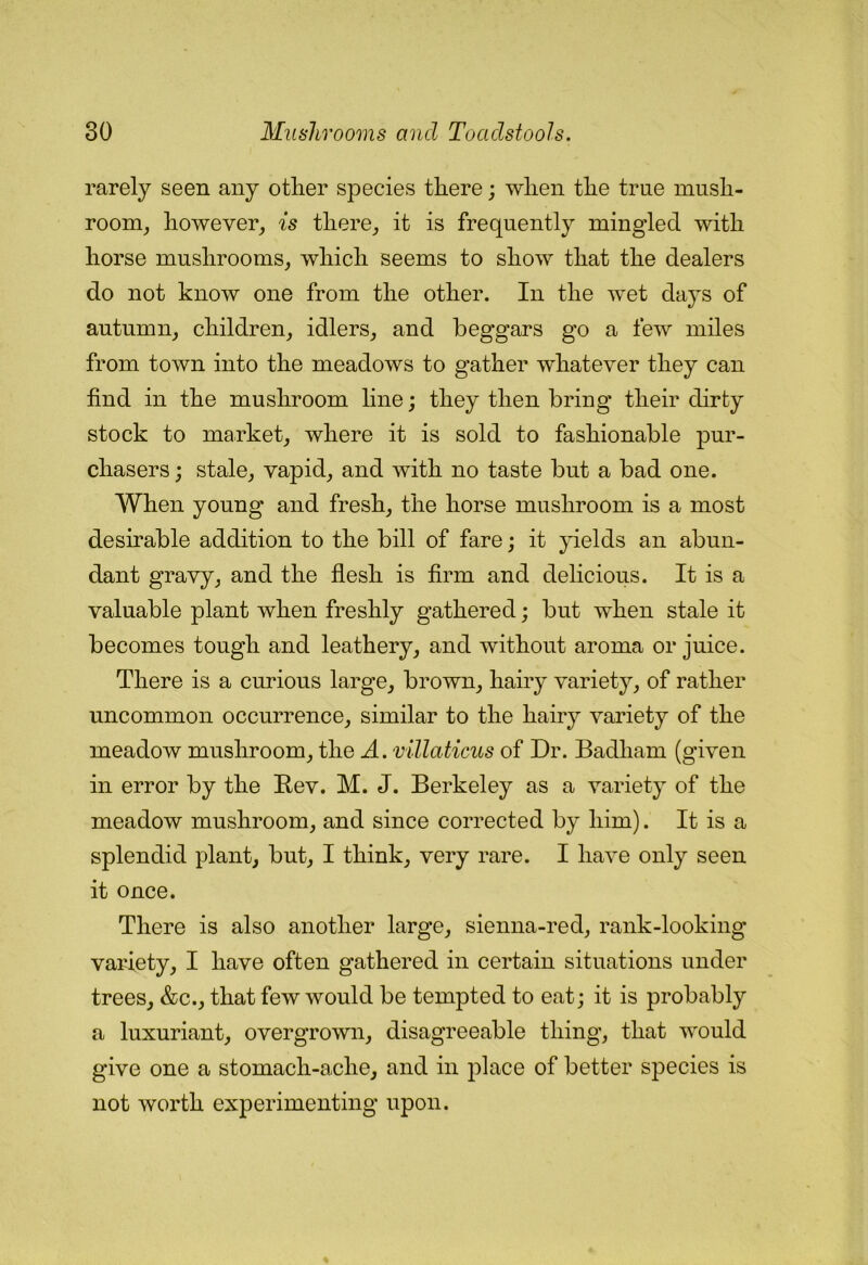 rarely seen any other species there; when the true mush- room, however, is there, it is frequently mingled with horse mushrooms, which seems to show that the dealers do not know one from the other. In the wet days of autumn, children, idlers, and beggars go a few miles from town into the meadows to gather whatever they can find in the mushroom line; they then bring their dirty stock to market, where it is sold to fashionable pur- chasers ; stale, vapid, and with no taste but a bad one. When young and fresh, the horse mushroom is a most desirable addition to the bill of fare; it yields an abun- dant gravy, and the flesh is firm and delicious. It is a valuable plant when freshly gathered; but when stale it becomes tough and leathery, and without aroma or juice. There is a curious large, brown, hairy variety, of rather uncommon occurrence, similar to the hairy variety of the meadow mushroom, the A. villaticus of Dr. Badham (given in error by the Rev. M. J. Berkeley as a variety of the meadow mushroom, and since corrected by him). It is a splendid plant, but, I think, very rare. I have only seen it once. There is also another large, sienna-red, rank-looking variety, I have often gathered in certain situations under trees, &c., that few would be tempted to eat; it is probably a luxuriant, overgrown, disagreeable thing, that would give one a stomach-ache, and in place of better species is not worth experimenting upon.