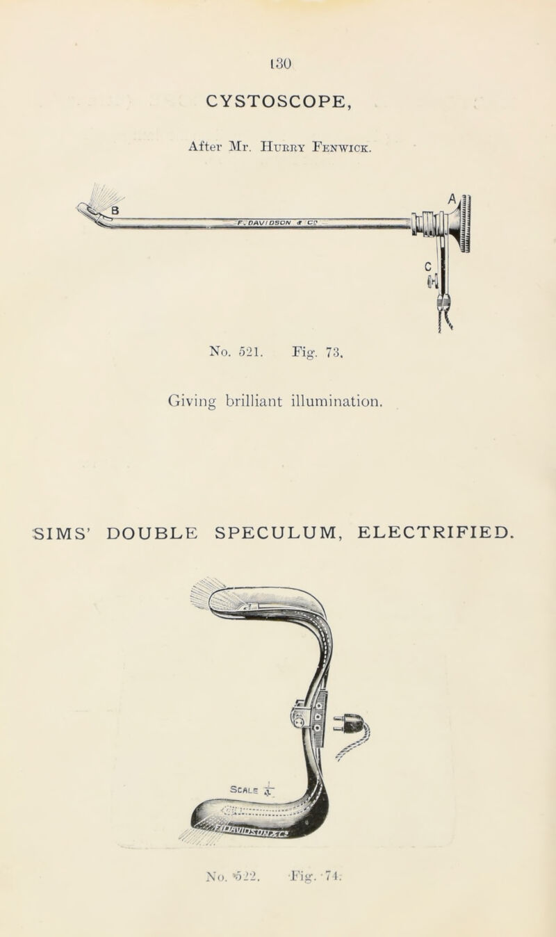 CYSTOSCOPE, After Mr. FEurry Fenwick. Giving brilliant illumination. SIMS’ DOUBLE SPECULUM, ELECTRIFIED. Fig. 74. No. *522.
