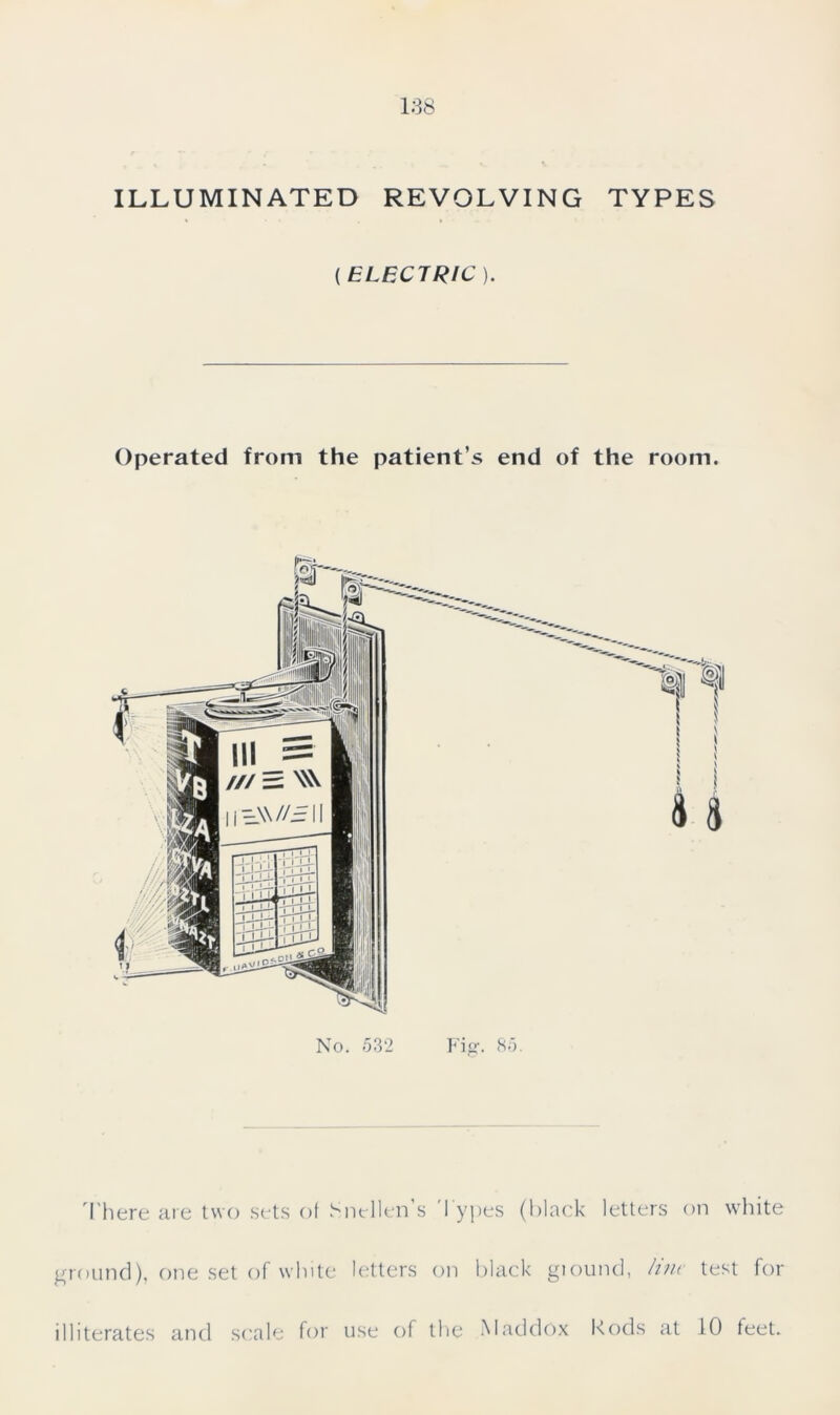 ILLUMINATED REVOLVING TYPES ( ELECTRIC ). Operated from the patient’s end of the room. No. 532 Fig. 85. There are two sets of Snellen’s Types (black letters on white ground), one set of white letters on black giound, lint test for illiterates and scale for use of the Maddox Rods at 10 feet.