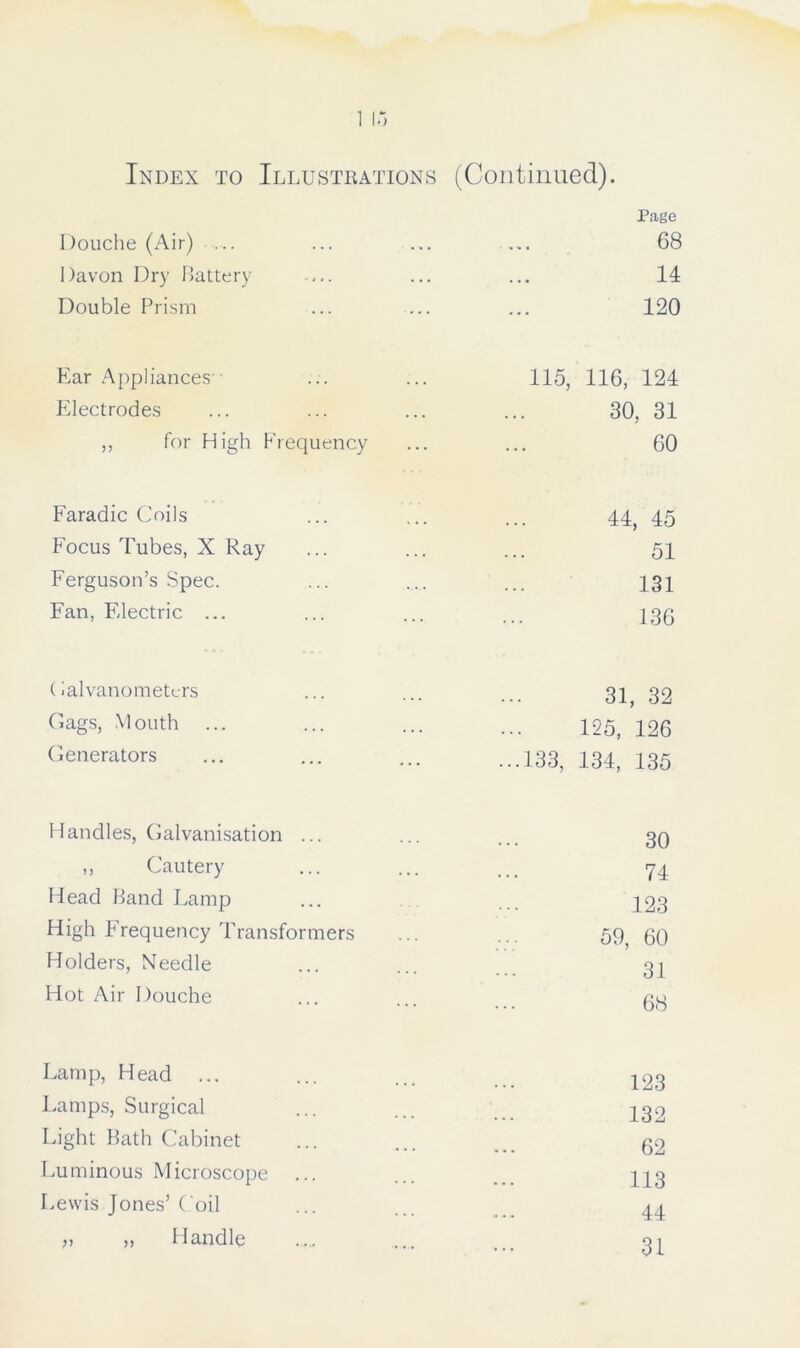 Index to Illustrations (Continued). Douche (Air) ... Page 68 Davon Dry Battery . . • 14 Double Prism ... 120 Ear Appliances' 115, 116, 124 Electrodes . . • 30, 31 ,, for High Frequency ... 60 Faradic Coils 44, 45 Focus Tubes, X Ray ... 51 Ferguson’s Spec. 131 Fan, Electric ... 136 (lalvanometcrs 31, 32 (lags, Mouth . . . 125, 126 Generators ...133, 134, 135 Handles, Galvanisation ... 30 ,, Cautery ... 74 Head Band Lamp 123 High Frequency Transformers 59, 60 Holders, Needle 31 Hot Air Douche 68 Lamp, Head 123 Lamps, Surgical 132 Light Bath Cabinet 62 Luminous Microscope ... 113 Lewis Jones’Coil 44 „ >) Handle • . • 31