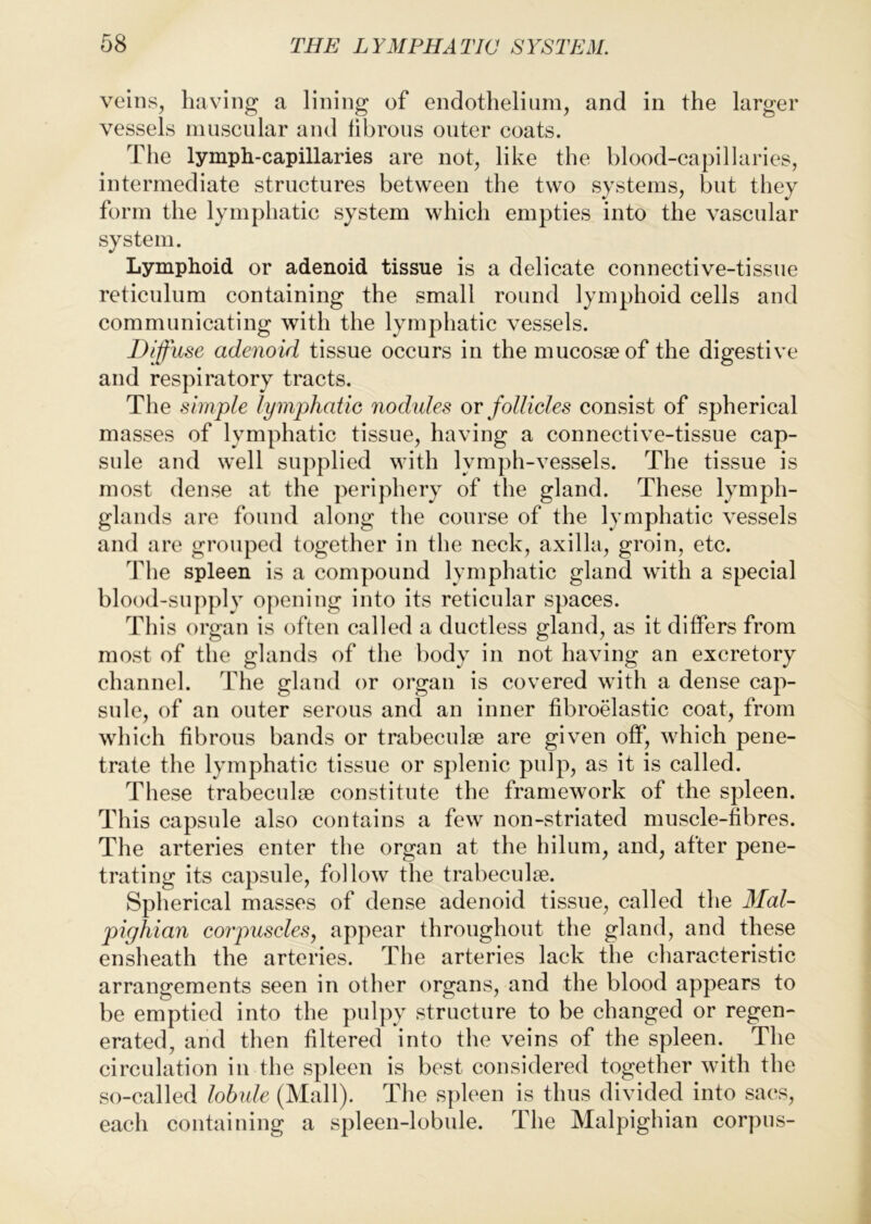 veins, having a lining of endothelium, and in the larger vessels muscular and fibrous outer coats. The lymph-capillaries are not, like the blood-capillaries, intermediate structures between the two systems, but they form the lymphatic system which empties into the vascular system. Lymphoid or adenoid tissue is a delicate connective-tissue reticulum containing the small round lymphoid cells and communicating with the lymphatic vessels. Diffuse adenoid tissue occurs in the mucosae of the digestive and respiratory tracts. The simple lymphatic nodides ov follicles consist of spherical masses of lymphatic tissue, having a connective-tissue cap- sule and well supplied with lymph-vessels. The tissue is most dense at the periphery of the gland. These lymph- glands are found along the course of the lymphatic vessels and are grouped together in the neck, axilla, groin, etc. The spleen is a compound lymphatic gland with a special blood-sup])ly opening into its reticular spaces. This organ is often called a ductless gland, as it differs from most of the glands of the body in not having an excretory channel. The gland or organ is covered with a dense cap- sule, of an outer serous and an inner fibroelastic coat, from which fibrous bands or trabeculae are given off, which pene- trate the lymphatic tissue or splenic pulp, as it is called. These trabeculae constitute the framework of the spleen. This capsule also eon tains a few non-striated muscle-fibres. The arteries enter the organ at the hilum, and, after pene- trating its capsule, follow the trabeculae. Spherical masses of dense adenoid tissue, called the Mcd- pighian corpuscles, appear throughout the gland, and these ensheath the arteries. The arteries lack tlie characteristic arrangements seen in other organs, and the blood appears to be emptied into the pulpy structure to be changed or regen- erated, and then filtered into the veins of the spleen. The circulation in the spleen is best considered together with the so-called lobide (Mall). The spleen is thus divided into sacs, each containing a spleen-lobule. The Malpighian corpus-