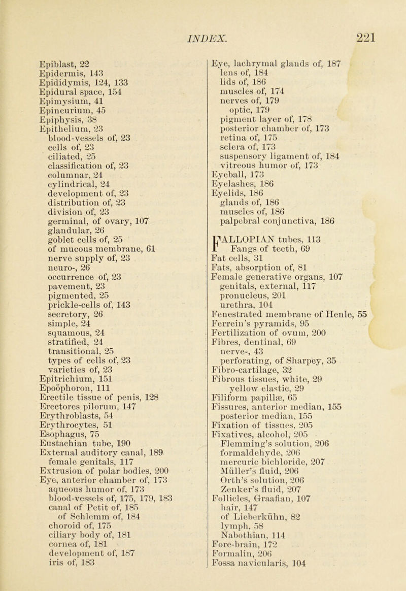 Epiblast, 22 Epidermis, 143 Epididymis, 124, 133 Epidural space, 154 Epimysium, 41 Epineurium, 45 Epiphysis, 38 Epithelium, 23 blood-vessels of, 23 cells of, 23 ciliated, 25 classification of, 23 columnar, 24 cylindrical, 24 development of, 23 distribution of, 23 division of, 23 germinal, of ovary, 107 glandular, 26 goblet cells of, 25 of mucous membrane, 61 nerve supply of, 2o neuro-, 26 occurrence of, 23 pavement, 23 pigmented, 25 prickle-cells of, 143 secretory, 26 simple, 24 squamous, 24 stratified, 24 transitional, 25 types of cells of, 23 varieties of, 23 Epitrichium, 151 Epoophoron, 111 Erectile tissue of penis, 128 Erectores pilorum, 147 Erythroblasts, 54 Erythrocytes, 51 Esophagus, 75 Eustachian tube, 190 External auditory canal, 189 female genitals, 117 Extrusion of polar bodies, 200 Eye, anterior chamber of, 173 aqueous humor of, 173 blood-vessels of, 175, 179, 183 canal of Petit of, 185 of Schlemm ol^, 184 choroid of, 175 ciliary body of, 181 cornea of, 181 develo])inent of, 187 iris of, 183 Eye, lachrymal glands of, 187 lens of, 184 lids of, 186 muscles of, 174 nerves of, 179 optic, 179 pigment layer of, 178 posterior chamber of, 173 retina of, 175 sclera of, 173 suspensory ligament of, 184 vitreous humor of, 173 Eyeball, 173 Eyelashes, 186 Eyelids, 186 glands of, 186 muscles of, 186 palpebral conjunctiva, 186 |?ALLOPIAN tubes, 113 Jl Fangs of teeth, 69 Fat cells, 31 Fats, absorption of, 81 Female generative organs, 107 genitals, external, 117 pronucleus, 201 urethra, 104 Fenestrated membrane of Henle, 55 Ferrein’s pyramids, 95 Fertilization of ovum, 200 Fibres, dentinal, 69 nerve-, 43 ])erforating, of Sharpey, 35 Fibro-cartilage, 32 Fibrous tissues, vrhite, 29 yellow elastic, 29 Filiform papillte, 65 Fissures, anterior median, 155 posterior median, 155 Fixation of tissues, 205 Fixatives, alcohol, 205 Flemming’s solution, 206 formaldehyde, 206 mercuric bichloride, 207 Muller’s fluid, 206 Orth’s solution, 206 Zenker’s fluid, 207 Follicles, Graafian, 107 hair, 147 of Lieberkiihn, 82 lymph, 58 Nabothian, 114 Fore-brain, 172 Formalin, 206 Fossa navicularis, 104