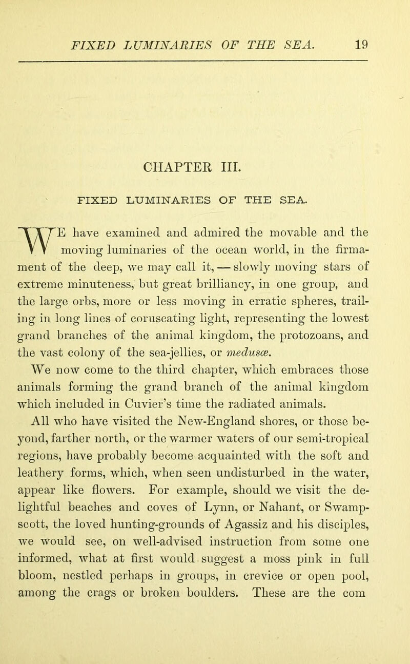 CHAPTER III. FIXED LUMINARIES OF THE SEA. E have examined, and admired the movable and the moving luminaries of the ocean world, in the firma- ment of the deep, we may call it, — slowly moving stars of extreme minuteness, but great brilliancy, in one group, and the large orbs, more or less moving in erratic spheres, trail- ing in long lines of coruscating light, representing the lowest grand branches of the animal kingdom, the protozoans, and the vast colony of the sea-jellies, or medusce. We now come to the third chapter, which embraces those animals forming the grand branch of the animal kingdom which included in Cuvier’s time the radiated animals. All who have visited the New-England shores, or those be- yond, farther north, or the warmer waters of our semi-tropical regions, have probably become acquainted with the soft and leathery forms, which, when seen undisturbed in the water, appear like flowers. For example, should we visit the de- lightful beaches and coves of Lynn, or Nahant, or Swamp- scott, the loved hunting-grounds of Agassiz and his disciples, we would see, on well-advised instruction from some one informed, what at first would suggest a moss pink in full bloom, nestled perhaps in groups, in crevice or open pool, among the crags or broken boulders. These are the com