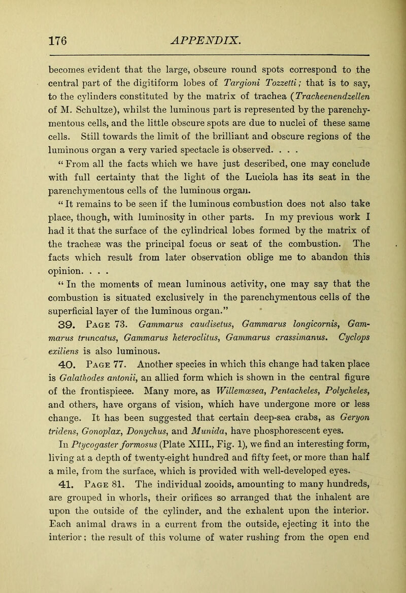becomes evident that the large, obscure round spots correspond to the central part of the digitiforra lobes of Targioni Tozzetti; that is to say, to the cylinders constituted by the matrix of trachea (^Tracheenendzellen of M. Schultze), whilst the luminous part is represented by the parenchy- mentous cells, and the little obscure spots are due to nuclei of these same cells. Still towards the limit of the brilliant and obscure regions of the luminous organ a very varied spectacle is observed. . . . “ From all the facts which we have just described, one may conclude with full certainty that the light of the Luciola has its seat in the parenchymentous cells of the luminous organ. “ It remains to be seen if the luminous combustion does not also take place, though, with luminosity in otlier parts. In my previous work I had it that the surface of the cylindrical lobes formed by the matrix of the tracheae was the principal focus or seat of the combustion. The facts which result from later observation oblige me to abandon this opinion. . . . “ In the moments of mean luminous activity, one may say that the combustion is situated exclusively in the parenchymentous cells of the superficial layer of the luminous organ.” 39. Page 73. Gammarus caudisetus, Gammarus longicornis, Gam- marus trnncatus, Gammarus heteroclitus, Gammarus crassimanus. Cyclops exiliens is also luminous. 40. Page 77. Another species in which this change had taken place is Galathodes antonii, an allied form which is shown in the central figure of the frontispiece. Many more, as Willemoesea, Pentacheles, Polycheles, and others, have organs of vision, which have undergone more or less change. It has been suggested that certain deep-sea crabs, as Geryon tridens, Gonoplax, Donychus, and Munida, have phosphorescent eyes. In Ptycogaster formosus (Plate XIII., Fig. 1), we find an interesting form, living at a depth of twenty-eight hundred and fifty feet, or more than half a mile, from the surface, which is provided with well-developed eyes. 41. Page 81. The individual zooids, amounting to many hundreds, are grouped in whorls, their orifices so arranged that the inhalent are upon the outside of the cylinder, and the exhalent upon the interior. Each animal draws in a current from the outside, ejecting it into the interior: the result of this volume of water rushing from the open end