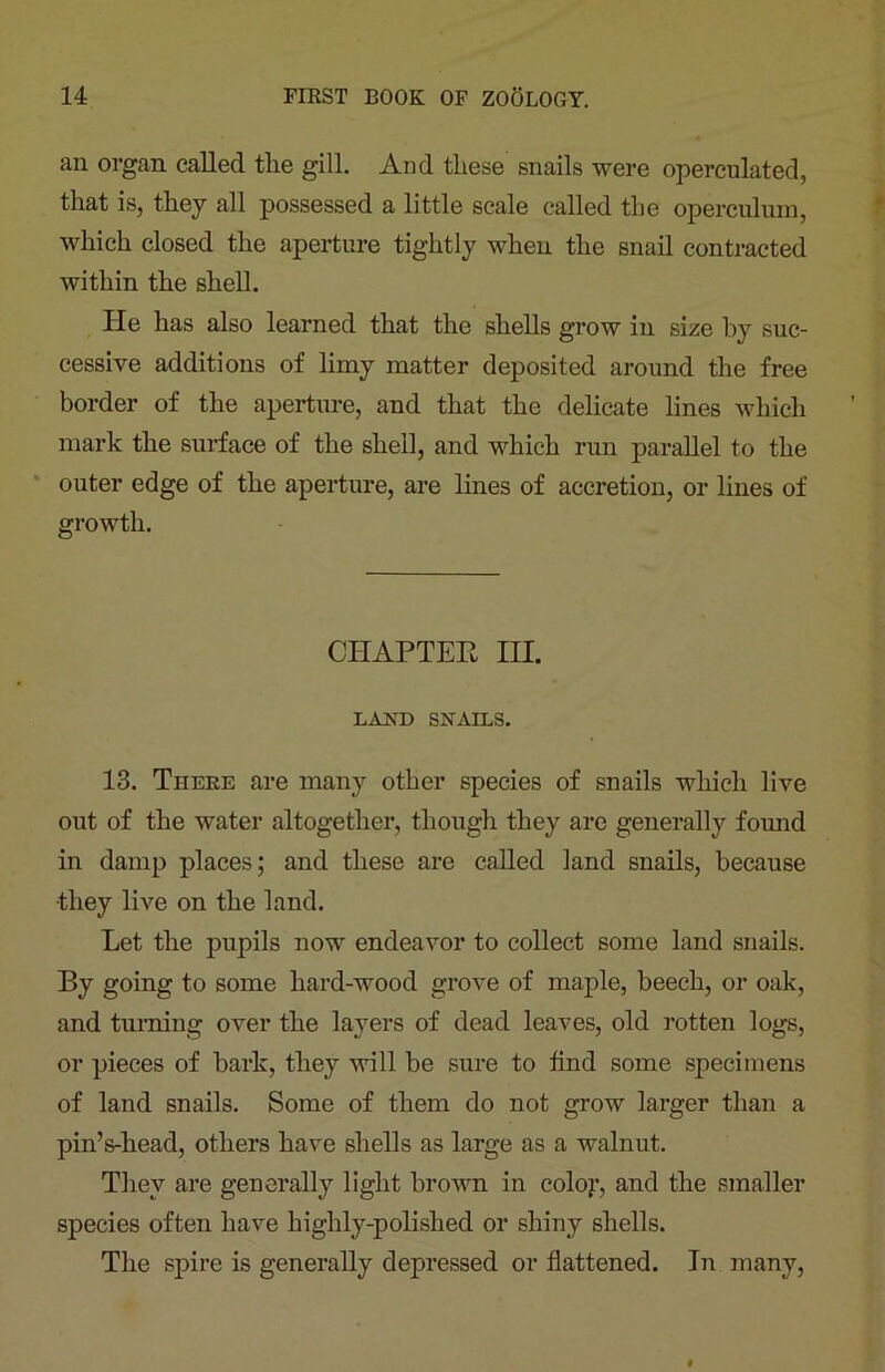 an organ called the gill. And these snails were operculated, that is, they all possessed a little scale called the operculum, which closed the aperture tightly when the snail contracted within the shell. He has also learned that the shells grow in size by suc- cessive additions of limy matter deposited around the free border of the aperture, and that the delicate lines which mark the surface of the shell, and which run parallel to the outer edge of the aperture, are lines of accretion, or lines of growth. CHAPTER III. LAND SNAILS. 13. There are many other species of snails which live out of the water altogether, though they are generally found in damp places; and these are called land snails, because •they live on the land. Let the pupils now endeavor to collect some land snails. By going to some hard-wood grove of maple, beech, or oak, and turning over the layers of dead leaves, old rotten logs, or pieces of bark, they will be sure to find some specimens of land snails. Some of them do not grow larger than a pin’s-head, others have shells as large as a walnut. They are generally light brown in color, and the smaller species often have highly-polished or shiny shells. The spire is generally depressed or flattened. In many,