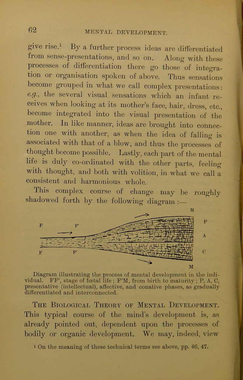 give rise.^ By a further process ideas are differentiated fioin sense-presentations, and so on. Along with tliese processes of differentiation there go those of integra- tion or organisation spoken of above. Thus sensations become grouped in what we call complex presentations: e.g., the several visual sensations which an infant re- ceives when looking at its mother’s face, hair, dress, etc., become integrated into the visual presentation of the mother. In like manner, ideas are brought into connec- tion one with another, as when the idea of falling is associated with that of a blow, and thus the processes of thought become possible. Lastly, each part of the mental life is duly co-ordinated with the other parts, feeling with thought, and both with volition, in what we call a consistent and harmonious whole. This complex course of change may be roughlj^ shadowed forth by the following diagram : M M Diagram illustrating the process of mental development in the indi- vidual. FF', stage of foetal life ; F'M, from birth to maturity ; P, A, C, presentative (intellectual), affective, and conative phases, as gradually differentiated and interconnected. The Biological Theory of Mental Development. This typical course of the mind’s development is, as already pointed out, dependent upon the processes of bodily or organic development. We may, indeed, view 1 On the meaning of these technical terms see above, pp. 46, 47.