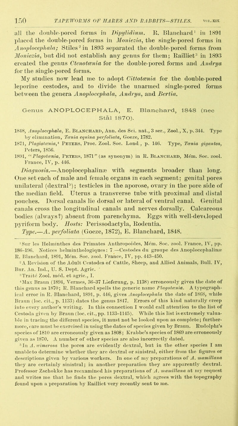 all tlie double-pored forms in Dipylidium. R. Blanchard1 in 1891 placed the double-pored forms in Moniezia, the single-pored forms in Anoplocephala; Stiles2 in 1893 separated the double-pored forms from Moniezia, but did not establish any genus for them; Railliet3 in 1893 created the genus Ctenotcenia for the double-pored forms and Andrya for the single-pored forms. My studies now lead me to adopt Cittoteenia for the double-pored leporine cestodes, and to divide the unarmed single-pored forms between the genera Anoplocephala, Andrya, and Bertia. Genus ANOPLOCEPHALA, E. Blanchard, 1848 (nee Stal 1870). 1848, Anoplocephala, E. Blanchard, Ann. des Sci. nat., 3 ser., Zool,, X, p. 344. Type by elimination, Tcenia equina perfoliata, Goeze, 1782. 1871, Plagiotcenia4 Peters, Proc. Zool. Soc. Lond , p. 146. Type, Tcenia gigantea, Peters, 1856. 1891, “Plagotcenia, Peters, 1871’’(as synonym) in R. Blanchard, M€m. Soc. zool. France, IV, p. 446. Diagnosis.—Anoplocephalime with segments broader than long. One set each of male and female organs in each segment; genital pores unilateral (dextral5); testicles in the aporose, ovary in the pore side of the median field. Uterus a transverse tube with proximal and distal pouches. Dorsal canals lie dorsal or lateral of ventral canal. Genital canals cross the longitudinal canals and nerves dorsally. Calcareous bodies (always?) absent from parenchyma. Eggs with well-developed pyriform body. Hosts: Perissodactyla, Rodentia. Type.—A. perfoliata (Goeze, 1872), E. Blanchard, 1848. 1 Sur les Helminthes des Primates Anthropoides, MAm. Soc. zool. France, IV, pp. 186-196. Notices helminthologiques: 7 —Cestodes du groupe des Anoplocephalime R. Blanchard, 1891, M6m. Soc. zool. France, IV, pp. 443-450. 2 A Revision of the Adult Cestodes of Cattle, Sheep, and Allied Animals, Bull. IV, Bur. An. Ind., U. S. Dept. Agric. ' 3Traite Zool. m6d. et agric., I. 4Max Braun (1894, Vermes, 36-37 Lieferung, p. 1138) erroneously gives the date of this genus as 1870; R. Blanchard spells the generic name Plagotcenia. A typograph- ical error in R. Blanchard, 1891, p. 446, gives Anoplocephala the date of 1868, while Braun (loc. cit., p. 1133) dates the genus 1847. Errors of this kind naturally creep into every author’s writing. In this connection I would call attention to the list of Cestoda given by Braun (loc. cit., pp. 1133-1145). While this list is extremely valua- ble in tracing the different species, it must not be looked upon as complete; further- more, care must be exercised in using the dates of species given by Braun. Rudolphi’s species of 1810 are erroneously given as 1808; Krabbe’s species of 1869 are erroneously given as 1870. A number of other species are also incorrectly dated. 5 In A. wimerosa the pores are evidently dextral, but in the other species I am unable to determine whether they are dextral or sinistral, either from the figures or descriptions given by various workers. In one of my preparations of A. mamillana they are certainly sinistral; in another preparation they are apparently dextral. Professor Zschokke has reexamined his preparations of A. mamillana at my request and writes me that he finds the pores dextral, which agrees with the topography found upon a preparation by Railliet very recently sent to me.