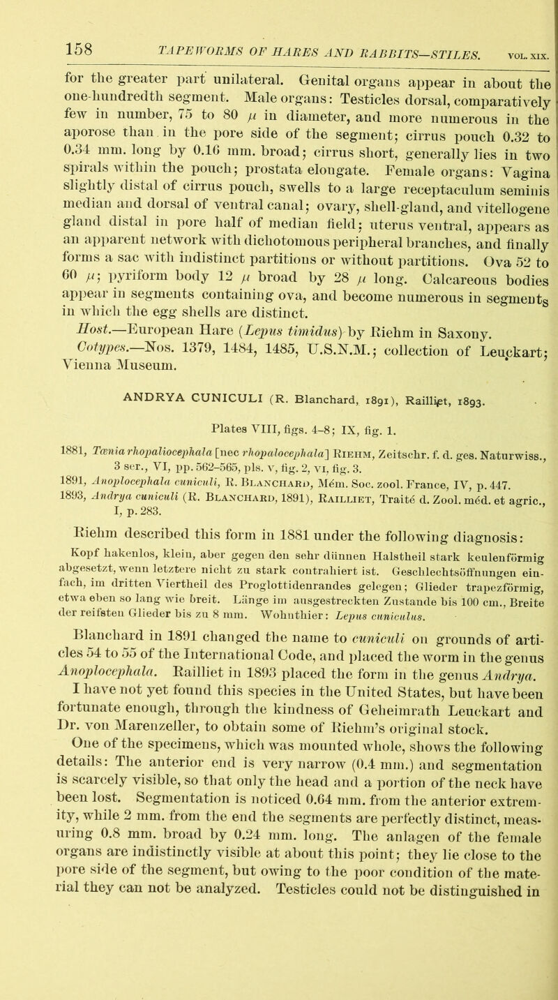 VOL. XIX. TAPEWORMS OF HARES AND RABBITS—STILES. for the greater part unilateral. Genital organs appear in about the one-hundredth segment. Male organs: Testicles dorsal, comparatively few in number, 75 to 80 pi in diameter, and more numerous in the aporose than in the pore side of the segment; cirrus pouch 0.32 to 0.34 mm. long by 0.10 mm. broad,- cirrus short, generally lies in two spirals within the pouch; prostata elougate. Female organs: Vagina slightly distal of cirrus pouch, swells to a large receptaculum seminis median and dorsal of ventral canal; ovary, shell-gland, and vitellogene gland distal in pore half of median field; uterus ventral, appears as an apparent network with dichotomous peripheral branches, and finally forms a sac with indistinct partitions or without partitions. Ova 52 to 60 pyriform body 12 p broad by 28 M long. Calcareous bodies appear in segments containing ova, and become numerous in segments in which the egg shells are distinct. Most. European Hare (Lepus timidus) by Eiehm in Saxony. Cotypes.—Nos. 1379, 1484, 1485, U.S.N.M.; collection of Leuckart; Vienna Museum. ANDRYA CUNICULI (R. Blanchard, 1891), Railli^t, 1893. Plates VIII, figs. 4-8; IX, fig. 1. 1881, Tceniarhopaliocephala [nec rliopalocepTiala] Riehm, Zeitschr. f. d. ges. Naturwiss., 3 ser., VI, pp. 562-565, pis. v, fig. 2, vi, fig. 3. 1891, Anoplocephala cuniculi, R. Blanchard, M6m. Soc. zool. France, IV, p. 447. 1893, Andrya cuniculi (R. Blanchard, 1891), Railliet, Traite d. Zool. m6d. et agric., I, p. 283. Eiehm described this form in 1881 under the following diagnosis: Kopf hakenlos, klein, aber gegen den sehr diinnen Halstheil stark keulenformig abgesetzt, wenn letztere nicbt zu stark contrakiert ist. Gescklechtsoffnungen ein- fach, lm dritten Viertheil des Proglottidenrandes gelegen; Glieder trapezformig, etwa eben so lang wie breit. Lange im ausgestreckten Zustande bis 100 cm., Breite der reifsteu Glieder bis zu 8 mm. Wohiithier: Lepus cuniculus. Llanchard in 1891 changed the name to cuniculi on grounds of arti- cles 54 to 55 of the International Code, and placed the worm in the genus Anoplocephala. Eailliet in 1893 placed the form in the genus Andrya. I have not yet found this species in the United States, but have been fortunate enough, through the kindness of Geheimrath Leuckart and Hr. von Marenzeller, to obtain some of EieknPs original stock. One of the specimens, which was mounted whole, shows the following details: The anterior end is very narrow (0.4 mm.) and segmentation is scarcely visible, so that only the head and a portion of the neck have been lost. Segmentation is noticed 0.64 mm. from the anterior extrem- ity, while 2 mm. from the end the segments are perfectly distinct, meas- uring 0.8 mm. broad by 0.24 mm. long. The anlagen of the female organs are indistinctly visible at about this point; they lie close to the pore side of the segment, but owing to the poor condition of the mate- rial they can not be analyzed. Testicles could not be distinguished in