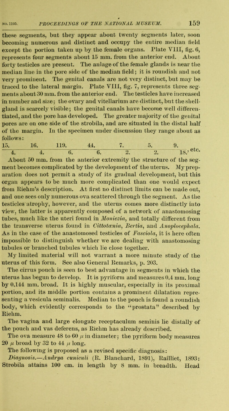 these segments, but they appear about twenty segments later, soon becoming numerous and distinct and occupy the entire median held except the portion taken up by the female organs. Plate VIII, fig. 6, rejmesents four segments about 15 mm. from the anterior end. About forty testicles are present. The anlage of the female glands is near the median line in the pore side of the median field; it is roundish and not very prominent. The genital canals are not very distinct, but may be traced to the lateral margin. Plate VIII, fig. 7, represents three seg- ments about 30 mm. from the anterior end. The testicles have increased in number and size; the ovary and vitellarium are distinct, but the shell- gland is scarcely visible; the genital canals have become well differen- tiated, and the pore has developed. The greater majority of the genital pores are on one side of the strobila, and are situated in the distal half of the margin. In the specimen under discussion they range about as follows: 15. 16. 119. 44. 7. 5. 9. 4. 4. 6. 6. 2. 2. 18.’etc* About 50 mm. from the anterior extremity the structure of the seg- ment becomes complicated by the development of the uterus. My prep- aration does not permit a study of its gradual development, but this organ appears to be much more complicated than one would expect from Riehm’s description. At first no distinct limits can be made out, and one sees only numerous ova scattered through the segment. As the testicles atrophy, however, and the uterus comes more distinctly into view, the latter is apparently composed of a network of anastomosing tubes, much like the uteri found in Moniezia, and totally different from the transverse uterus found in Cittotcenia, Bertia, and Anoplocephala. As in the case of the anastomosed testicles of Fasciola, it is here often impossible to distinguish whether we are dealing with anastomosing tubules or branched tubules which lie close together. My limited material will not warrant a more minute study of the uterus of this form. See also General Remarks, p. 203. The cirrus pouch is seen to best advantage in segments in which the uterus has begun to develop. It is pyriform and measures 0.4 mm. long by 0.144 mm. broad. It is highly muscular, especially in its proximal portion, and its middle portion contains a prominent dilatation repre- senting a vesicula seminalis. Median to the pouch is found a roundish body, which evidently corresponds to the “prostata” described by Riehm. The vagina and large elongate receptaculum seminis lie distally of the pouch and vas deferens, as Riehm has already described. The ova measure 48 to 60 jjl in diameter; the pyriform body measures 20 p broad by 32 to 44 long. The following is proposed as a revised specific diagnosis: Diagnosis.—Andrya cuniculi (R. Blanchard, 1891), Railliet, 1893: Strobila attains 100 cm. in length by 8 mm. in breadth. Head