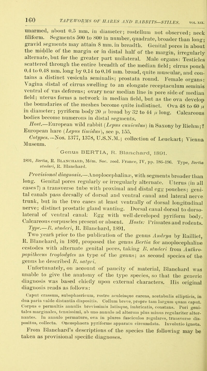 unarmed, about 0.5 mm. in diameter; rostellum not observed; neck filiform. Segments 500 to 800 in number, quadrate, broader than loug• gravid segments may attain 8 mm. in breadth. Genital pores in about the middle of the margin or in distal half of the margin, irregularly alternate, but for the greater part unilateral. Male organs: Testicles scattered through the entire breadth of the median field; cirrus pouch 0.4 to 0.48mm. long by 0.14 to 0.16 mm. broad, quite muscular, and con- tains a distinct vesicula seminalis; prostata round. Female organs: Vagina distal of cirrus swelling to an elongate receptaculum seminis ventral of vas deferens; ovary near median line in pore side of median field; uterus forms a network in median field, but as the ova develop the boundaries of the meshes become quite indistinct. Ova 48 to 60 p in diameter; pyriform body 20 p broad by 32 to 44 pi long. Calcareous bodies become numerous in distal segments. Host. European wild rabbit (Lepus cuniculus) in Saxony by Biehm; ? European hare (Lepus timidus), see p. 155. Cotypes. Sos. 1377, 1378, U.S.N.M.; collection of Leuckart; Vienna Museum. Genus BERTIA, R. Blanchard, 1891. 1891, Bertia, R. Blanchard, M6m. Soc. zool. France, IV, pp. 186-196. Type, Bertia studeri, R. Blanchard. Provisional diagnosis.—Anoploceplialinse, with segments broader than long. Genital pores regularly or irregularly alternate. Uterus (in all cases'?) a transverse tube with proximal and distal egg pouches; geni- tal canals pass dorsally of dorsal and ventral canal and lateral nerve trunk, but in the two cases at least ventrally of dorsal longitudinal nerve; distinct prostatic gland wanting. Dorsal canal dorsal to dorso- lateral of ventral canal; Egg with well-developed pyriform body. Calcareous corpuscles present or absent. Hosts: Primates and rodents. Type.—B. studeri, B. Blanchard, 1891. Two year's prior to the publication of the genus Andrya by Bailliet, B. Blanchard, in 1891, proposed the genus Bertia for anoplocephaline cestodes with alternate genital pores, taking B. studeri from Anthro- popithecus troglodytes as type of the genus; as second species of the genus he described B. satyri. Unfortunately, on account of paucity of material, Blanchard was unable to give the anatomy of the type species, so that the generic diagnosis was based chiefly upon external characters. His original diagnosis reads as follows: Caput crassum, subspliaericum, rostro aculeisque carens, acetabulis ellipticis, in dua paria valde distautia dispositis. Collum breve, propre tain larguin quam caput. Corpus e permultis annulis brevissimis latisque, imbricatis, constans. Pori geni- tales marginales, tenuissimi, ab uno annulo ad alterum plus minus regulariter alter- nates. In annulo permaturo, ova in plures fasciculos regulares, transverse dis- positus, collecta. Oncosphaera pyriforme apparatu circumdata. Involutio ignota. From Blanchard’s descriptions of the species the following may be taken as provisional specific diagnoses.