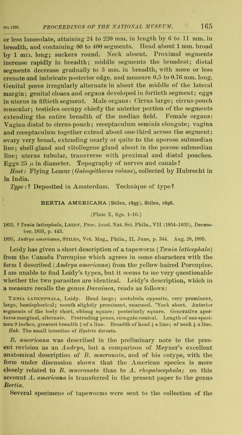 or less lanceolate, attaining 24 to 220 mm. in length by 6 to 11 mm. in breadth, and containing 80 to 400 segments. Head about 1 mm. broad by 1 mm. long; suckers round. Neck absent. Proximal segments increase rapidly in breadth; middle segments the broadest; distal segments decrease gradually to 5 mm. in breadth, with more or less crenate and imbricate posterior edge, and measure 0.5 to 0.76 mm. long. Genital pores irregularly alternate in about the middle of the lateral margin; genital cloaca and organs developed in fortieth segment; eggs in uterus in fiftieth segment. Male organs: Cirrus large; cirrus-pouch muscular; testicles occupy chiefly the anterior portion of the segments extending the entire breadth of the median field. Female organs: Vagina distal to cirrus-pouch; receptaculum seminis elongate; vagina and receptaculum together extend about one-third across the segment; ovary very broad, extending nearly or quite to the aporose submedian line; shell-gland and vitollegene gland about in the porose submedian line; uterus tubular, transverse with proximal and distal pouches. Eggs 25 yu in diameter. Topography of nerves and canals ? Host: Flying Lemur (Galeopithecus volans), collected by Hubrecht in In India. Type: ? Deposited in Amsterdam. Technique of type ? BERTIA AMERICANA (Stiles, 1895), Stiles, 1896. (Plate X, figs. 1-10.) 1855, ? Taenia laiicephala, Leidy, Proc. Acad. Nat. Sci. Phila., VII (1854-1855), Decem- ber, 1855, p. 443. 1895, Andrya americana, Stiles, Vet. Mag., Phila., II, June, p. 344. Aug. 28,1895. Leidy has given a short description of a tapeworm (Taenia laticephala) from the Canada Porcupine which agrees in some characters with the form I described (Andrya americana) from the yellow-haired Porcupine. I am unable to find Leidy’s types, but it seems to me very questionable whether the two parasites are identical. Leidy’s description, which in a measure recalls the genus Davainea, reads as follows : T.enia laticephala, Leidy. Head large; acetabula opposite, very prominent, large, bemispberical; mouth slightly prominent, unarmed. 'Neck short. Anterior segments of the body short, oblong square; posteriorly square. Generative aper- tures marginal, alternate. Protruding penes, elongate conical. Length of one speci- men 9 inches, greatest breadth f of a line. Breadth of head £ a line; of neck £ a line. Bab. The small intestine of Hystrix dorsata. B. americana was described iu the preliminary note to the pres- ent revision as an Andrya, but a comparison of Meyner’s excellent anatomical description of B. mucronata, and of his cotype, with the form under discussion shows that the American species is more closely related to B. mucronata than to A. rhopalocephala; on this account A. americana is transferred in the present paper to the genus Bertia. Several specimens of tapeworms were sent to the collection of the