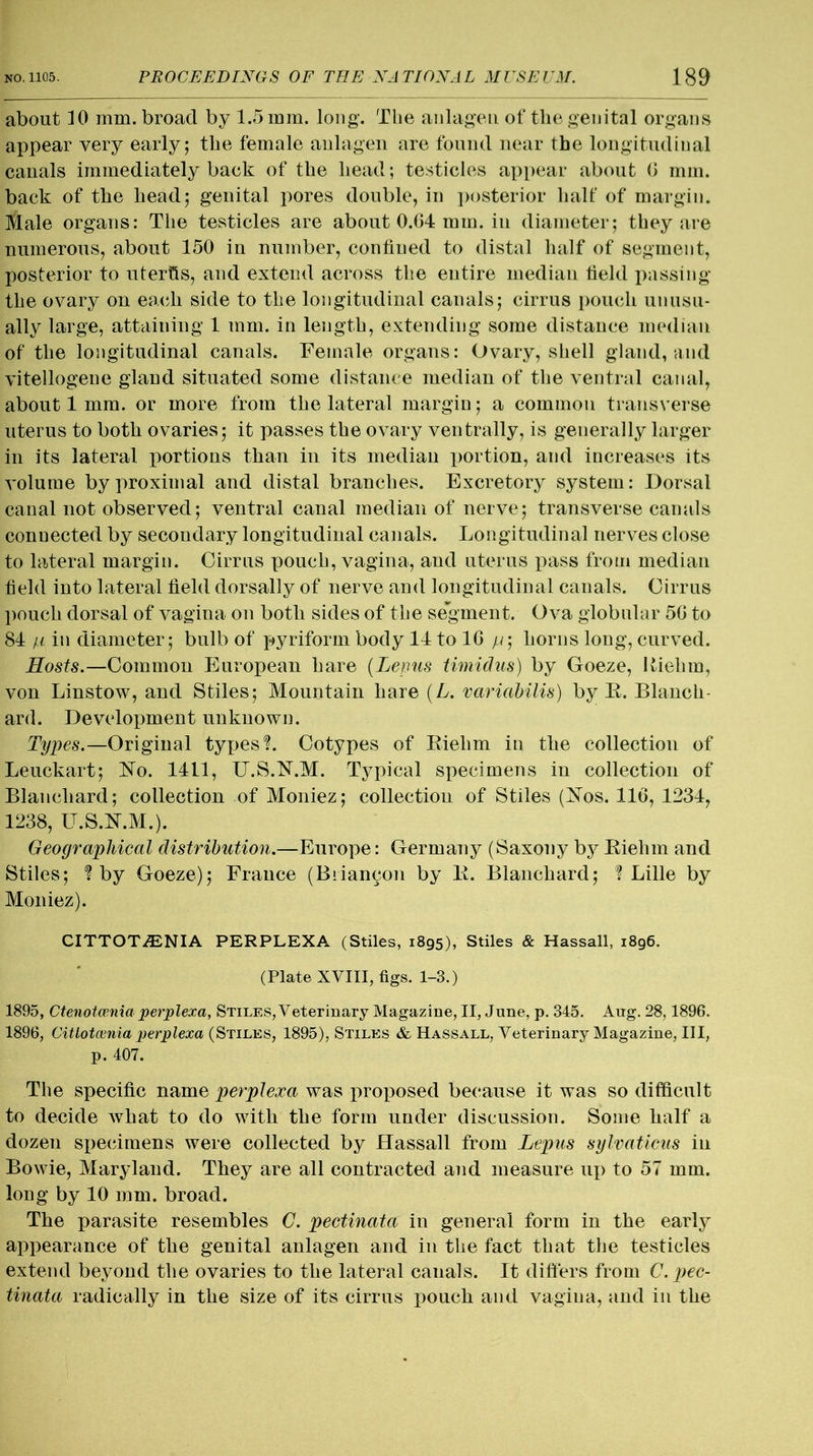 about 10 mm. broad by 1.5 mm. long'. The anlagen of the genital organs appear very early; the female anlagen are found near the longitudinal canals immediately back of the head; testicles appear about 6 mm. back of the head; genital pores double, in posterior half of margin. Male organs: The testicles are about 0.64 mm. in diameter; they are numerous, about 150 in number, confined to distal half of segment, posterior to uterfis, and extend across the entire median field passing the ovary on each side to the longitudinal canals; cirrus pouch unusu- ally large, attaining 1 mm. in length, extending some distance median of the longitudinal canals. Female organs: Ovary, shell gland, and vitellogene gland situated some distance median of the ventral canal, about 1 mm. or more from the lateral margin; a common transverse uterus to both ovaries; it passes the ovary ventrally, is generally larger in its lateral portions than in its median portion, and increases its volume by proximal and distal branches. Excretory system: Dorsal canal not observed; ventral canal median of nerve; transverse canals connected by secondary longitudinal canals. Longitudinal nerves close to lateral margin. Cirrus pouch, vagina, and uterus pass from median field into lateral field dorsally of nerve and longitudinal canals. Cirrus pouch dorsal of vagina on both sides of the segment. Ova globular 5G to 84 ji in diameter; bulb of pyriform body 14 to 1G //; horns long, curved. Hosts.—Common European hare (Lems timidus) by Goeze, Riehm, von Linstow, and Stiles; Mountain hare (L. variabilis) by E. Blanch- ard. Development unknown. Types.—Original types! Cotypes of Rielim in the collection of Leuckart; No. 1411, IJ.S.N.M. Typical specimens in collection of Blanchard; collection of Moniez; collection of Stiles (Nos. 116, 1234, 1238, U.S.N.M.). Geographical distribution.—Europe: Germany (Saxony by Riehm and Stiles; ? by Goeze); France (Biianyon by R. Blanchard; ? Lille by Moniez). CITTOT^NIA PERPLEXA (Stiles, 1895), Stiles & Hassall, 1896. (Plate XVIII, figs. 1-3.) 1895, Ctenotcenia perplexa, Stiles, Veterinary Magazine, II, June, p. 345. Aug. 28,1896. 1896, Citlotcenia perplexa (Stiles, 1895), Stiles & Hassall, Veterinary Magazine, III, p. 407. The specific name perplexa was proposed because it was so difficult to decide what to do with the form under discussion. Some half a dozen specimens were collected by Hassall from Lepus sylvaticus in Bowie, Maryland. They are all contracted and measure up to 57 mm. long by 10 mm. broad. The parasite resembles C. pectinata in general form in the early appearance of the genital anlagen and in the fact that the testicles extend beyond the ovaries to the lateral canals. It differs from C. pec- tinata radically in the size of its cirrus pouch and vagina, and in the