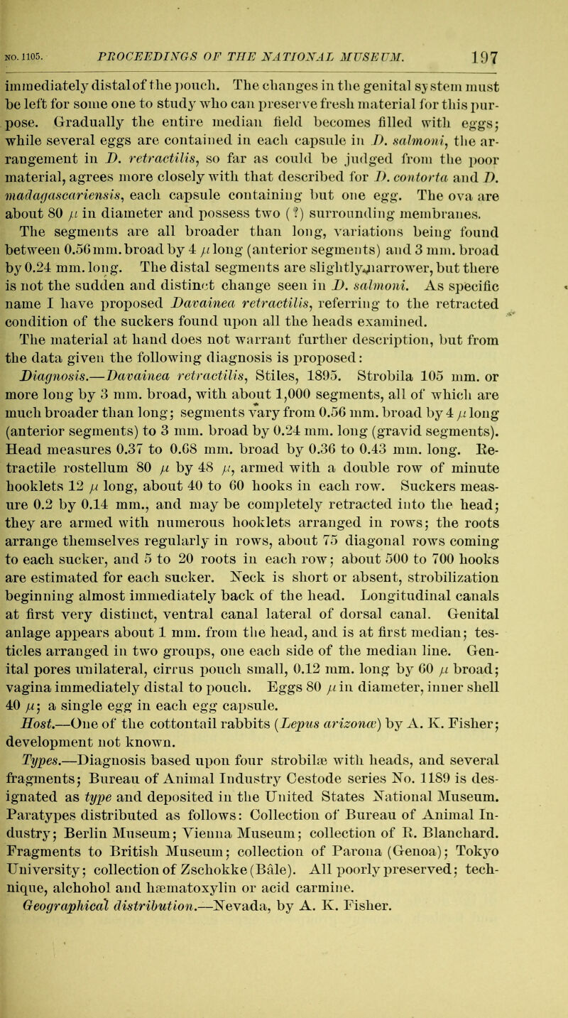 immediately distal of the pouch. The changes in the genital sy stem must be left for some one to study who can preserve fresh material for this pur- pose. Gradually the entire median field becomes filled with eggs; while several eggs are contained in each capsule in D. salmoni, the ar- rangement in D. retractilis, so far as could be judged from the poor material, agrees more closely with that described for I). contorta and D. madagascariensis, each capsule containing but one egg. The ova are about 80 p in diameter and possess two (?) surrounding membranes. The segments are all broader than long, variations being found between 0.56 mm. broad by 4 /dong (anterior segments) and 3 mm. broad by 0.24 mm. long. The distal segments are slightly^iarrower, but there is not the sudden and distinct change seen in I), salmoni. As specific name I have proposed Davainea retractilis, referring to the retracted condition of the suckers found upon all the heads examined. The material at hand does not warrant further description, but from the data given the following diagnosis is proposed: Diagnosis.—Davainea retractilis, Stiles, 1895. Strobila 105 mm. or more long by 3 mm. broad, with about 1,000 segments, all of which are much broader than long; segments vary from 0.56 mm. broad by 4 p long (anterior segments) to 3 mm. broad by 0.24 mm. long (gravid segments). Head measures 0.37 to 0.68 mm. broad by 0.36 to 0.43 mm. long. Ee- tractile rostellum 80 p by 48 //, armed with a double row of minute hooklets 12 p long, about 40 to 60 hooks in each row. Suckers meas- ure 0.2 by 0.14 mm., and may be completely retracted into the head; they are armed with numerous hooklets arranged in rows; the roots arrange themselves regularly in rows, about 75 diagonal rows coming to each sucker, and 5 to 20 roots in each row; about 500 to 700 hooks are estimated for each sucker. Neck is short or absent, stabilization beginning almost immediately back of the head. Longitudinal canals at first very distinct, ventral canal lateral of dorsal canal. Genital anlage appears about 1 mm. from the head, and is at first median; tes- ticles arranged in two groups, one each side of the median line. Gen- ital pores unilateral, cirrus pouch small, 0.12 mm. long by 60 p broad; vagina immediately distal to pouch. Eggs 80 p in diameter, inner shell 40 /t; a single egg in each egg capsule. Host.—One of the cottontail rabbits (Lepus arizonce) by A. K. Eisher; development not known. Types.—Diagnosis based upon four strobiloe with heads, and several fragments; Bureau of Animal Industry Cestode series No. 1189 is des- ignated as type and deposited in the United States National Museum. Paratypes distributed as follows: Collection of Bureau of Animal In- dustry; Berlin Museum; Vienna Museum; collection of E. Blanchard. Fragments to British Museum; collection of Parona (Genoa); Tokyo University; collection of Zschokke( Bale). All poorly preserved; tech- nique, alchohol and lisematoxylin or acid carmine. Geographical distribution.-—Nevada, by A. K. Fisher.