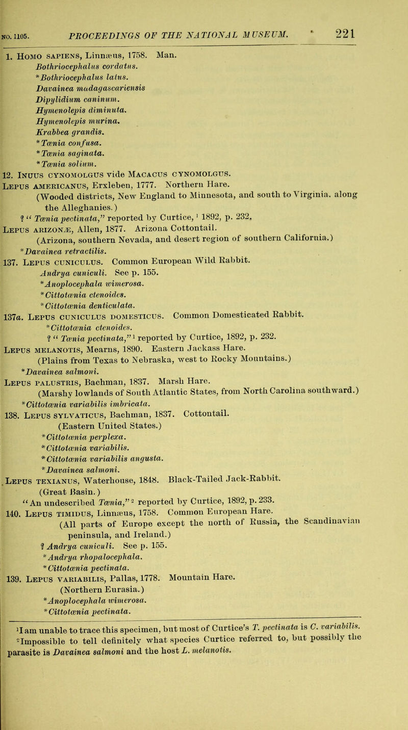 1. Homo sapiens, Linnaeus, 1758. Man. Bothriocephalus cordatus. * Bothriocephalus lalus. Davainea madagascariensis Dipylidium caninum. Hymenolepis diminuta. Hymenolepis murina. Krabbea grandis. * Tcenia confusa. * Tcenia saginata. * Tcenia solium. 12. Inuus cynomolgus vide Macacus cynomolgus. Lepus americanus, Erxleben, 1777. Northern Hare. (Wooded districts, New England to Minnesota, and south to Virginia, along the Alleghanies.) ? “ Tcenia pectinata,” reported by Curtice,1 1892, p. 232,, Lepus arizon^e, Allen, 1877. Arizona Cottontail. (Arizona, southern Nevada, and desert region of southern California.) * Davainea retractilis. 137. Lepus cuniculus. Common European Wild Rabbit. Andrya cuniculi. See p. 155. * Anoplocephala wimerosa. * Cittotcenia ctenoides. * Cittotcenia denticulata. 137a. Lepus cuniculus domesticus. Common Domesticated Rabbit. * Cittotcenia ctenoides. ? “ Tcenia pectinata,”1 reported by Curtice, 1892, p. 232. Lepus melanotis, Mearns, 1890. Eastern Jackass Hare. (Plains from Texas to Nebraska, west to Rocky Mountains.) * Davainea salmoni. Lepus palustris, Bachman, 1837. Marsh Hare. (Marshy lowlands of South Atlantic States, from North Carolina southward.) * Cittotcenia variabilis imbricata. 138. Lepus sylvaticus, Bachman, 1837. Cottontail. (Eastern United States.) *CittoUenia perplexci. * Cittotcenia variabilis. * Cittotcenia variabilis angusta. *Davainea salmoni. Lepus texianus, Waterhouse, 1848. Black-Tailed Jack-Rabbit. (Great Basin.) “An undescribed Tcenia,” 2 reported by Curtice, 1892, p.233. 140. Lepus timidus, Linnaeus, 1758. Common European Hare. (All parts of Europe except the north of Russia, the Scandinavian peninsula, and Ireland.) ? Andrya cuniculi. See p. 155. * Andrya rhopalocephala. * Cittotcenia pectinata. 139. Lepus variabilis, Pallas, 1778. Mountain Hare. (Northern Eurasia.) *Anoplocephala ivimerosa. * Cittotcenia pectinata. JI am unable to trace this specimen, but most of Curtice’s T. pectinata is C. variabilis. 2Impossible to tell definitely what species Curtice referred to, but possibly the parasite is Davainea salmoni and the host L. melanotis.