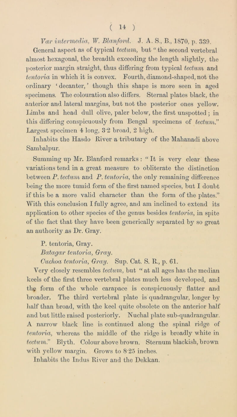 ( ) Var intermedia, W. Blanford. J. A. S., B., 1870, p. 830. General aspect as of typical tectum, but “ the second vertebral almost hexagonal, the breadth exceeding the length slightly, the ])Osterior margin straight, thus differing from typical tectum and tentoria in which it is convex. Fourth, diamond-shaped, not the ordinary ‘ decanter, ’ though this shape is more seen in aged specimens. The colouration also differs. Sternal plates black, the anterior and lateral margins, but not the posterior ones yellow. Iambs and head dull olive, paler below, the first unspotted ; in this differing conspicuously from Bengal specimens of tectum!' Largest specimen 4 long, 8'2 broad, 2 high. Inhabits the Hasdo River a tributary of the Mahanadi above Sambalpur. Summing up Mr. Blanford remarks : ‘‘ It is very clear these variations tend in a great measure to obliterate the distinction between P. tectum and P. tentoria, the only remaining difference being the more tumid form of the first named species, but I doubt if this be a more valid character than the form of the plates.” With this conclusion I fully agree, and am inclined to extend its application to other species of the genus besides tentoria, in spite • of the fact that they have been generically separated b}’ so gi’eat an authority as Dr. Gray. P. tentoria. Gray. Batagar tentoria. Gray. Cuchoa tentoria. Gray. Sup. Cat. S. R., p. 61. Very closely resembles tectum, but “at all ages has the median keels of the first three vertebral plates much less developed, and the form of the whole carapace is conspicuously flatter and broader. The third vertebral plate is quadrangular, longer by half than broad, with the keel quite obsolete on the anterior half and but little raised posteriorly. Nuchal plate sub-quadrangular. A narrow black line is continued along the spinal ridge of tentoria, whereas the middle of the ridge is broadly white in tectum!' Blyth. Colour above brown. Sternum blackish, brown with yellow margin. Grows to 8 25 inches. Inhabits the Indus River and the Dekkan.