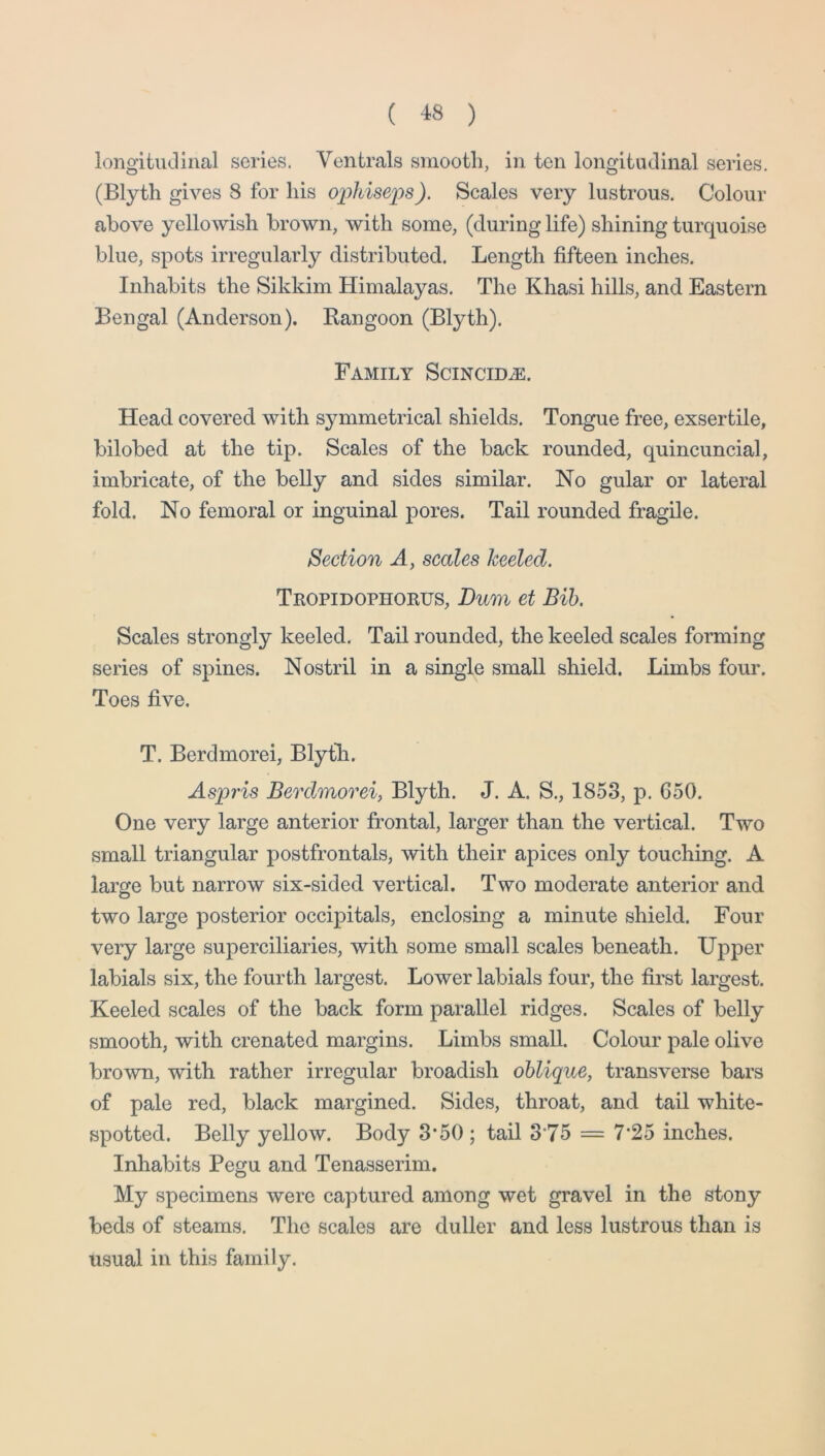 longitiKlinal scries, Ventrals smooth, in ten longitudinal series. (Blyth gives 8 for liis ophise])S). Scales very lustrous. Colour above yellowish brown, with some, (during life) shining turquoise blue, spots irregularly distributed. Length fifteen inches. Inhabits the Sikkim Himalayas. The Khasi hills, and Eastern Bengal (Anderson). Rangoon (Blyth). Family SciNciDis. Head covered with symmetrical shields. Tongue free, exsertile, bilobed at the tip. Scales of the back rounded, quincuncial, imbricate, of the belly and sides similar. No gular or lateral fold. No femoral or inguinal pores. Tail rounded fragile. Section A, scales heeled. Tropidophorus, Bum et Bib. Scales strongly keeled. Tail rounded, the keeled scales forming series of spines. Nostril in a single small shield. Limbs four. Toes five. T. Berdmorei, Blyth. Aspris Berdmorei, Blyth. J. A. S., 1853, p. 650. One very large anterior frontal, larger than the vertical. Two small triangular postfrontals, with their apices only touching. A large but narrow six-sided vertical. Two moderate anterior and two large posterior occipitals, enclosing a minute shield. Four very large superciliaries, with some small scales beneath. Upper labials six, the fourth largest. Lower labials four, the first largest. Keeled scales of the back form parallel ridges. Scales of belly smooth, with crenated margins. Limbs small. Colour pale olive brown, with rather irregular broadish oblique, transverse bars of pale red, black margined. Sides, throat, and tail white- spotted. Belly yellow. Body 3’50 ; tail 8 75 = 7*25 inches. Inhabits Pegu and Tenasserim. My specimens were captured among wet gravel in the stony beds of steams. The scales are duller and less lustrous than is usual in this family.