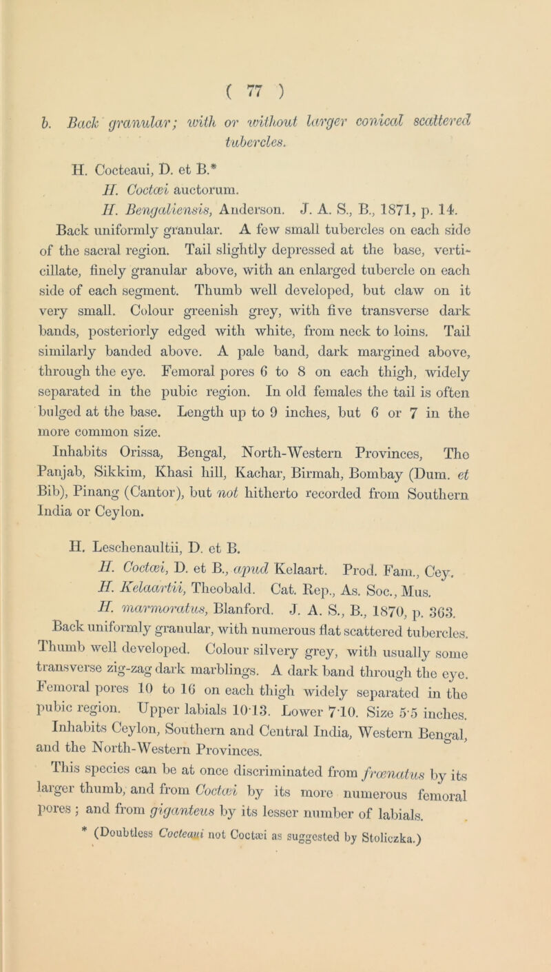 h, Bach granular; with or ivithout larger conical scattered tubercles. H. Cocteaui, D. et B.* H. Coctcei auctorum. II. Bengaliensis, Anderson. J. A. S., B., 1871, p. 14. Back uniformly granular. A few small tubercles on each side of the sacral region. Tail slightly depressed at the base, verti^ dilate, finely granular above, with an enlarged tubercle on each side of each segment. Thumb well developed, but claw on it very small. Colour greenish grey, with five transverse dark bands, posteriorly edged with white, from neck to loins. Tail similarly banded above. A pale band, dark margined above, through the eye. Femoral pores 6 to 8 on each thigh, widely separated in the pubic region. In old females the tail is often bulged at the base. Length up to 9 inches, but 6 or 7 in the more common size. Inhabits Orissa, Bengal, North-Western Provinces, The Panjab, Sikkim, Khasi hill, Kachar, Birmah, Bombay (Dum. et Bib), Pinang (Cantor), but not hitherto recorded from Southern India or Ceylon. II. Leschenaultii, D. et B. II. Cocto3i, D. et B., ctpud Kelaart. Prod. Fam., Cey. H. Kelaartii, Theobald. Cat. Bep., As. Soc., Mus. II. mcermoratus, Blanford. J. A. S., B., 1870, p. S6S. Back uniformly granular, with numerous fiat scattered tubercles. Ihumb well developed. Colour silvery grey, with usually some transverse zig-zag dark marblings. A dark band through the eye. lemoralpores 10 to 16 on each thigh widely separated in the pubic region. Upper labials 10T3. Lower 7T0. Size 5 5 inches. Inhabits Ceylon, Southern and Central India, Western Bengal, and the North-Western Provinces. This species can be at once discriminated from freenatas by its larger thumb, and from Coctcei by its more numerous femoral pores ; and from giganteus by its lesser number of labials. * (Doubtless Cocteaui not Coctasi as suggested by Stoliezka.)