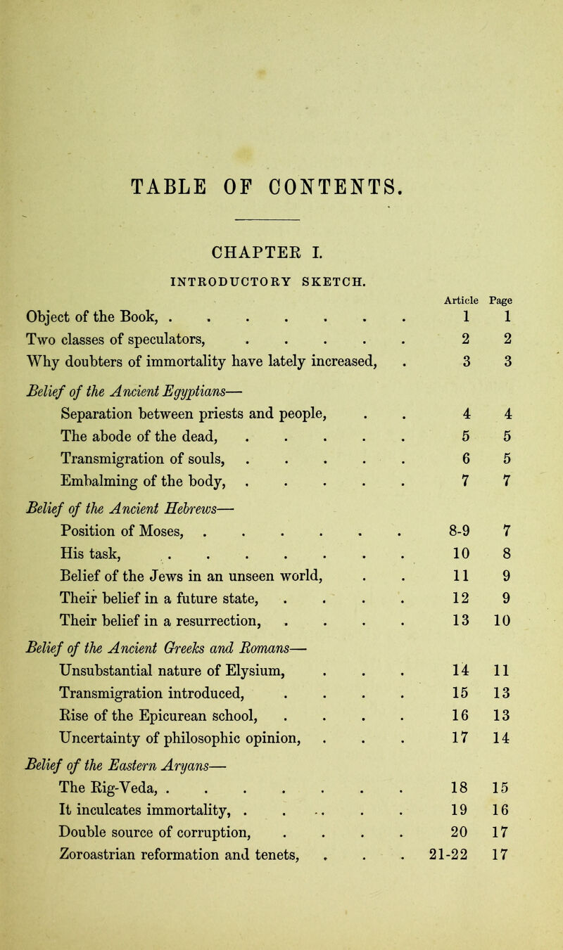 TABLE OF CONTENTS. CHAPTER I. INTRODUCTORY SKETCH. Object of the Book, ...... Two classes of speculators, .... Why doubters of immortality have lately increased, Article Page 1 1 2 2 3 3 Belief of the Ancient Egyptians— Separation between priests and people, The abode of the dead, Transmigration of souls, Embalming of the body, 4 4 5 5 6 5 7 7 Belief of the Ancient Hebrews— Position of Moses, ..... 8-9 7 His task, 10 8 Belief of the Jews in an unseen world, 11 9 Their belief in a future state, 12 9 Their belief in a resurrection, 13 10 f of the Ancient Greeks and Remans— Unsubstantial nature of Elysium, 14 11 Transmigration introduced, 15 13 Rise of the Epicurean school, 16 13 Uncertainty of philosophic opinion, 17 14 f of the Eastern Aryans— The Rig-Veda, ...... 18 15 It inculcates immortality, . ... 19 16 Double source of corruption, 20 17 Zoroastrian reformation and tenets, . 21-22 17