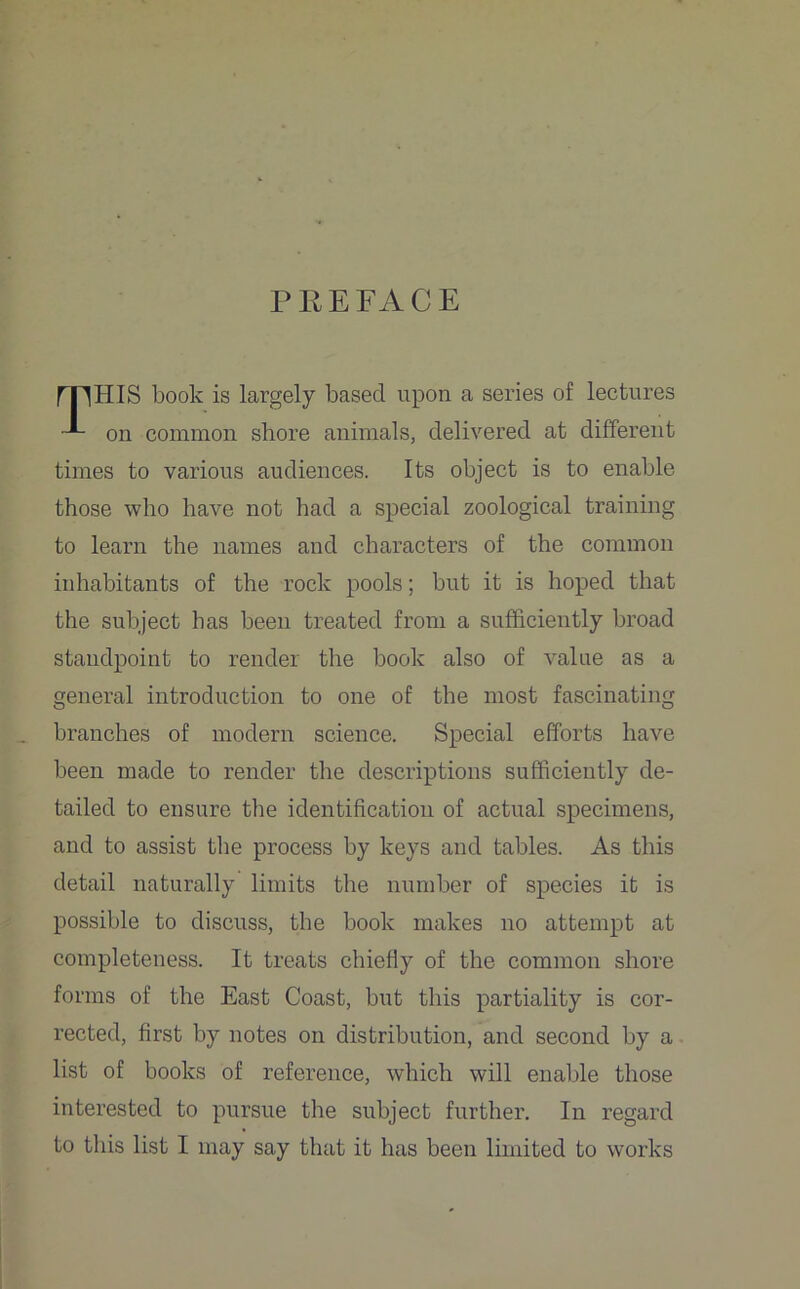 PREFACE mHIS book is largely based upon a series of lectures on common shore animals, delivered at different times to various audiences. Its object is to enable those who have not had a special zoological training to learn the names and characters of the common inhabitants of the rock pools; but it is hoped that the subject has been treated from a sufficiently broad standpoint to render tire hook also of value as a general introduction to one of the most fascinating branches of modern science. Special efforts have been made to render the descriptions sufficiently de- tailed to ensure the identification of actual specimens, and to assist the process by keys and tables. As this detail naturally limits the number of species it is possible to discuss, the book makes no attempt at completeness. It treats chiefly of the common shore forms of the East Coast, but this partiality is cor- rected, first by notes on distribution, and second by a list of books of reference, which will enable those interested to pursue the subject further. In regard to this list I may say that it has been limited to works