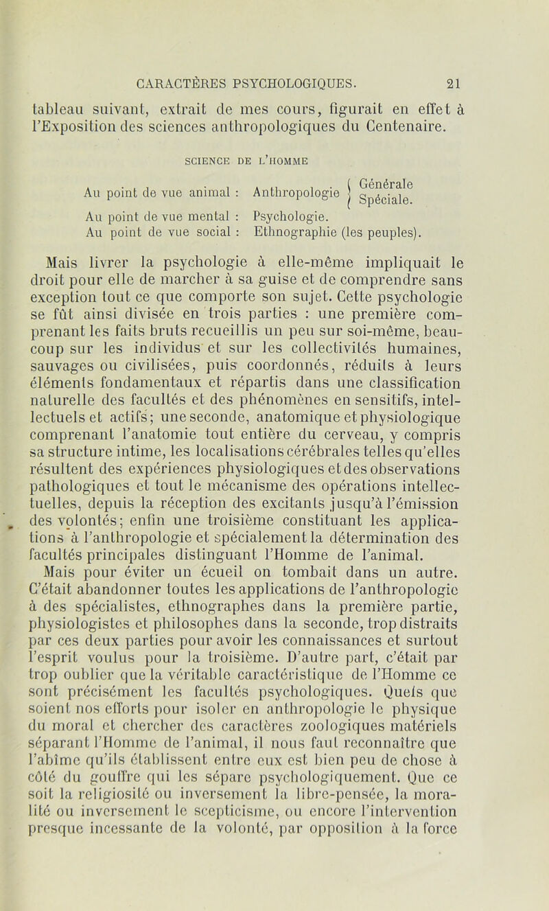 tableau suivant, extrait de mes cours, figurait en effet à l’Exposition des sciences anthropologiques du Centenaire. SCIENCE DE L’HOMME Au point de vue animal : Anthropologie Au point de vue mental : Psychologie. Au point de vue social : Ethnographie (les peuples). ( Générale 1 Spéciale. Mais livrer la psychologie à elle-même impliquait le droit pour elle de marcher à sa guise et de comprendre sans exception tout ce que comporte son sujet. Cette psychologie se fût ainsi divisée en trois parties : une première com- prenant les faits bruts recueillis un peu sur soi-même, beau- coup sur les individus et sur les collectivités humaines, sauvages ou civilisées, puis coordonnés, réduils à leurs éléments fondamentaux et répartis dans une classification naturelle des facultés et des phénomènes en sensitifs, intel- lectuels et actifs; uneseconde, anatomique et physiologique comprenant l’anatomie tout entière du cerveau, y compris sa structure intime, les localisations cérébrales telles qu’elles résultent des expériences physiologiques et des observations pathologiques et tout le mécanisme des opérations intellec- tuelles, depuis la réception des excitants jusqu’à l’émission des volontés; enfin une troisième constituant les applica- tions à l’anthropologie et spécialement la détermination des facultés principales distinguant l’Homme de l’animal. Mais pour éviter un écueil on tombait dans un autre. C’était abandonner toutes les applications de l’anthropologie à des spécialistes, ethnographes dans la première partie, physiologistes et philosophes dans la seconde, trop distraits par ces deux parties pour avoir les connaissances et surtout l’esprit voulus pour la troisième. D’autre part, c’était par trop oublier que la véritable caractéristique de l’Homme ce sont précisément les facultés psychologiques. Quels que soient nos efforts pour isoler en anthropologie le physique du moral et chercher des caractères zoologiques matériels séparant l’Homme de l’animal, il nous faut reconnaître que l'abîme qu’ils établissent entre eux est bien peu de chose à côté du goulfre qui les sépare psychologiquement. Que ce soit la religiosité ou inversement la libre-pensée, la mora- lité ou inversement le scepticisme, ou encore l’intervention presque incessante de la volonté, par opposition à la force