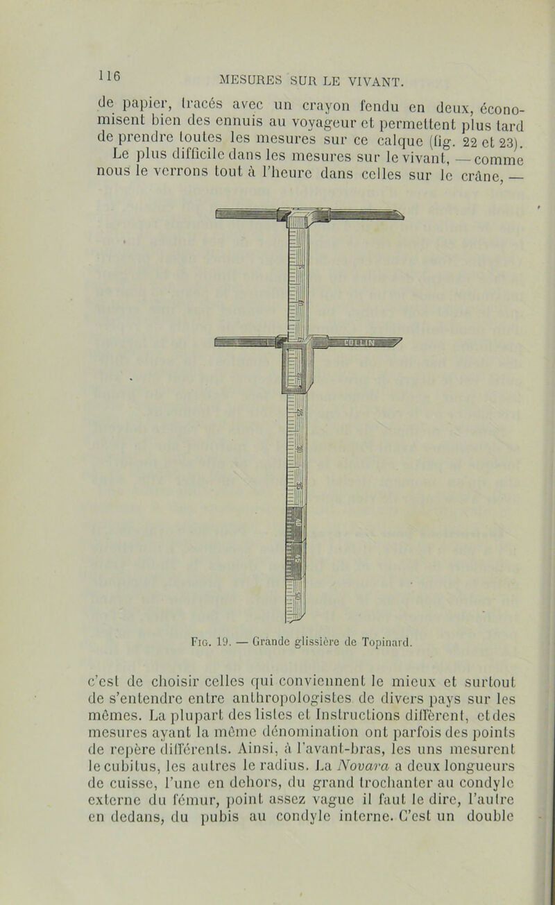 dô papici, Lacés avec un crayon Icndu en deux, écono- misent bien des ennuis au voyageur et permettent plus tard de prendre toutes les mesures sur ce calque (tig. 22 et 23). Le plus difficile dans les mesures sur le vivant, —comme nous le verrons tout à l’heure dans celles sur le crâne, Fig. 19. — Grande glissière de Topinard. c’est de choisir celles qui conviennent le mieux et surtout de s’entendre entre anthropologistes de divers pays sur les mêmes. La plupart des listes et Instructions diffèrent, ctdes mesures ayant la même dénomination ont parfois des points de repère différents. Ainsi, à l’avant-bras, les uns mesurent le cubitus, les autres le radius. La Novara a deux longueurs de cuisse, l’une en dehors, du grand trochanter au condylc externe du fémur, point assez vague il faut le dire, l’autre en dedans, du pubis au condylc interne. C’est un double