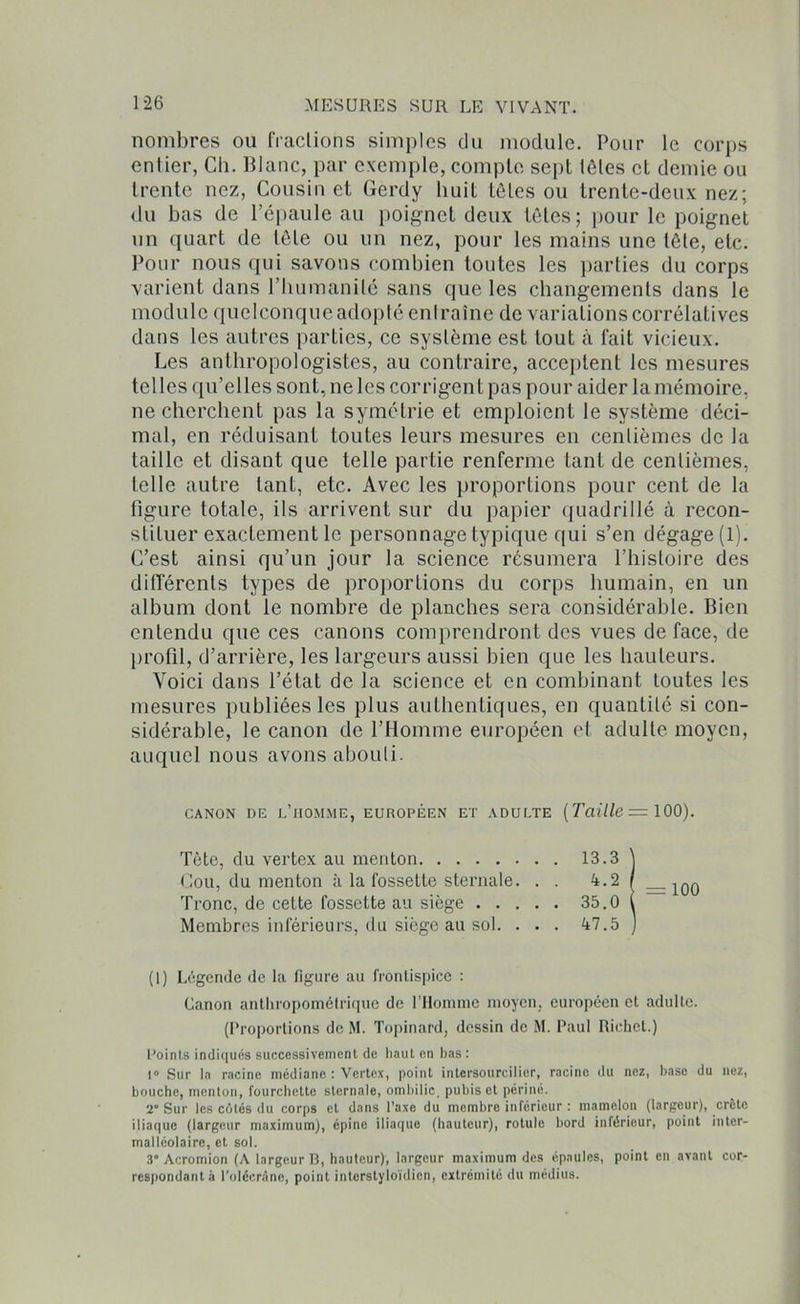 nombres ou fractions simples du module. Pour le corps entier, Ch. Blanc, par exemple, compte sept tôles et demie ou trente nez, Cousin et Gerdy huit têtes ou trente-deux nez; du bas de l’épaule au poignet deux têtes; pour le poignet un quart de tête ou un nez, pour les mains une tête, etc. Pour nous qui savons combien toutes les parties du corps varient dans l’humanité sans que les changements dans le module quelconque adopté entraîne de variations corrélatives dans les autres parties, ce système est tout à fait vicieux. Les anthropologistes, au contraire, acceptent les mesures telles qu’elles sont, ne les corrigent pas pour aider la mémoire, ne cherchent pas la symétrie et emploient le système déci- mal, en réduisant toutes leurs mesures en centièmes de la taille et disant que telle partie renferme tant de centièmes, telle autre tant, etc. Avec les proportions pour cent de la figure totale, ils arrivent sur du papier quadrillé à recon- stituer exactement le personnage typique qui s’en dégage(l). C’est ainsi qu’un jour la science résumera l’histoire des différents types de proportions du corps humain, en un album dont le nombre de planches sera considérable. Bien entendu que ces canons comprendront des vues de face, de profil, d’arrière, les largeurs aussi bien que les hauteurs. Voici dans l’état de la science et en combinant toutes les mesures publiées les plus authentiques, en quantité si con- sidérable, le canon de l’Homme européen et adulte moyen, auquel nous avons abouti. CANON DE L’HOMME, EUROPÉEN ET ADULTE ( Taille = 100). Tète, du vertex au menton Cou, du menton à la fossette sternale. . . Tronc, de cette fossette au siège Membres inférieurs, du siège au sol. . . . 13.3 4.2 35.0 47.5 = 100 (1) Légende de la figure au frontispice : Canon anthropométrique de l’Homme moyen, européen et adulte. (Proportions de M. Topinard, dessin de M. Paul Richet.) Points indiqués successivement de haut en bas: i° Sur la racine médiane : Vertex, point intersourcilier, racine du nez, base du nez, bouche, menton, fourchette sternale, ombilic, pubis et périné. 2° Sur les côtés du corps et dans l’axe du membre inférieur : mamelon (largeur), crête iliaque (largeur maximum), épine iliaque (hauteur), rotule bord inférieur, point inter- malléolaire, et sol. 3* Acromion (A largeur B, hauteur), largeur maximum des épaules, point en avant cor- respondant à l'olécrane, point interstyloïdien, extrémité du médius.